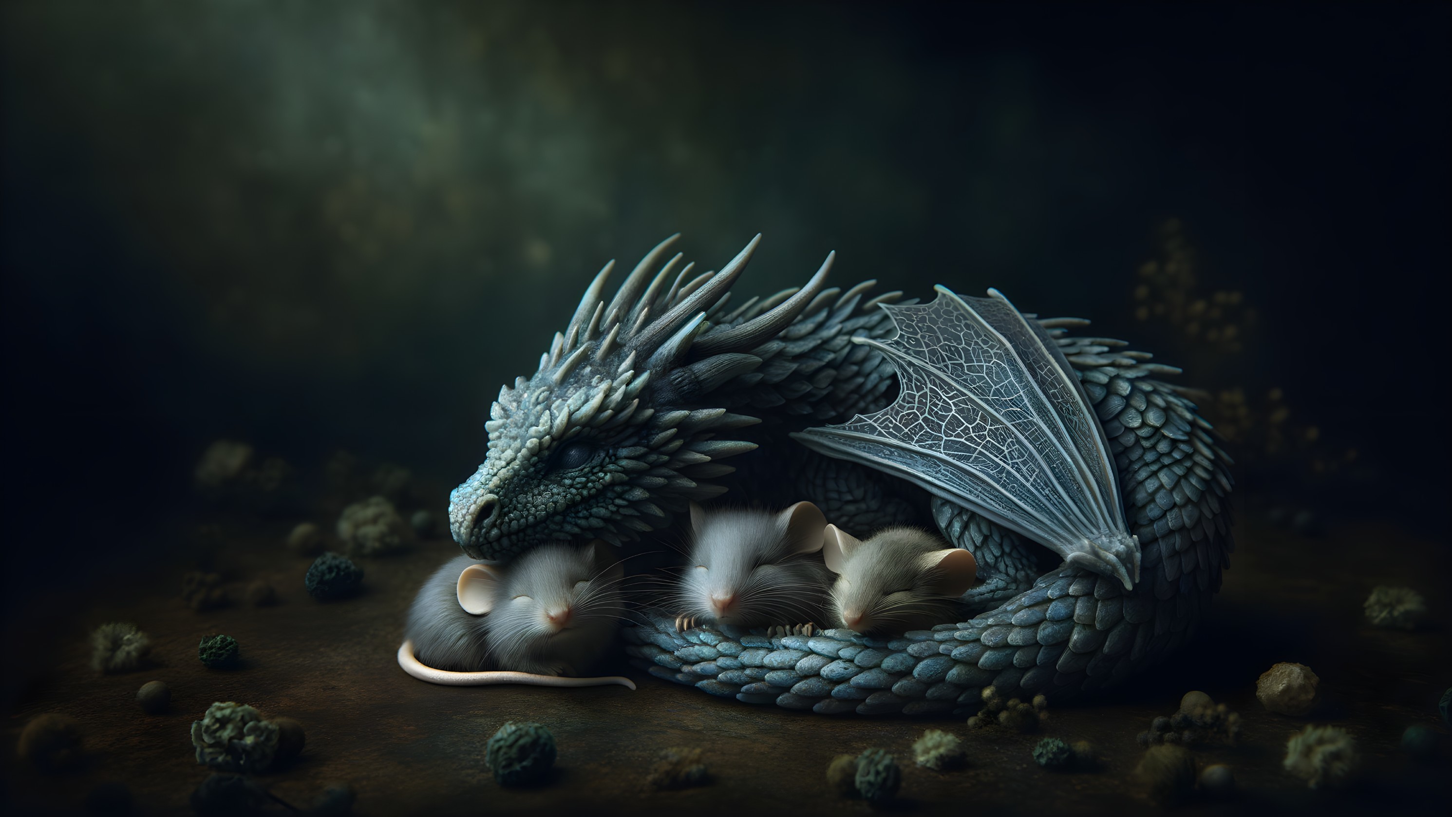Majestic dragon protects three small mice in fantasy scene
