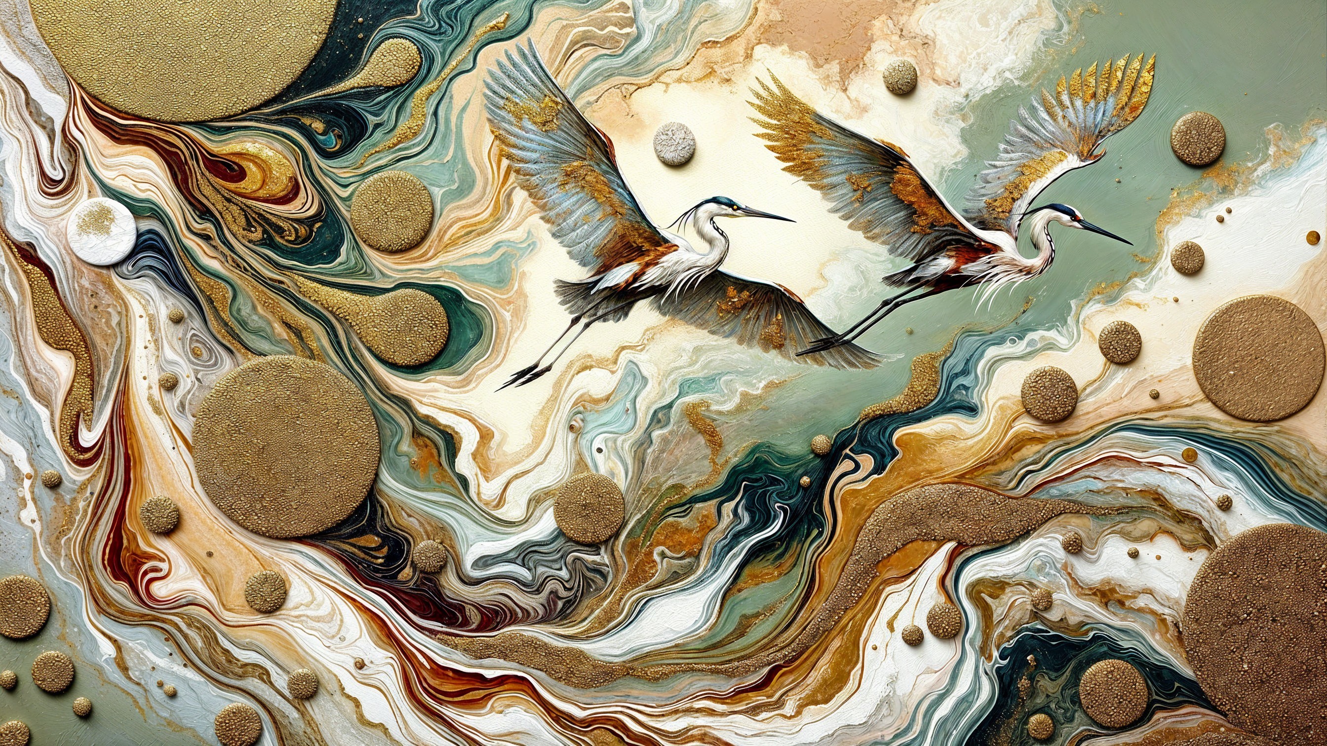 Herons in Flight with Abstract Colorful Background