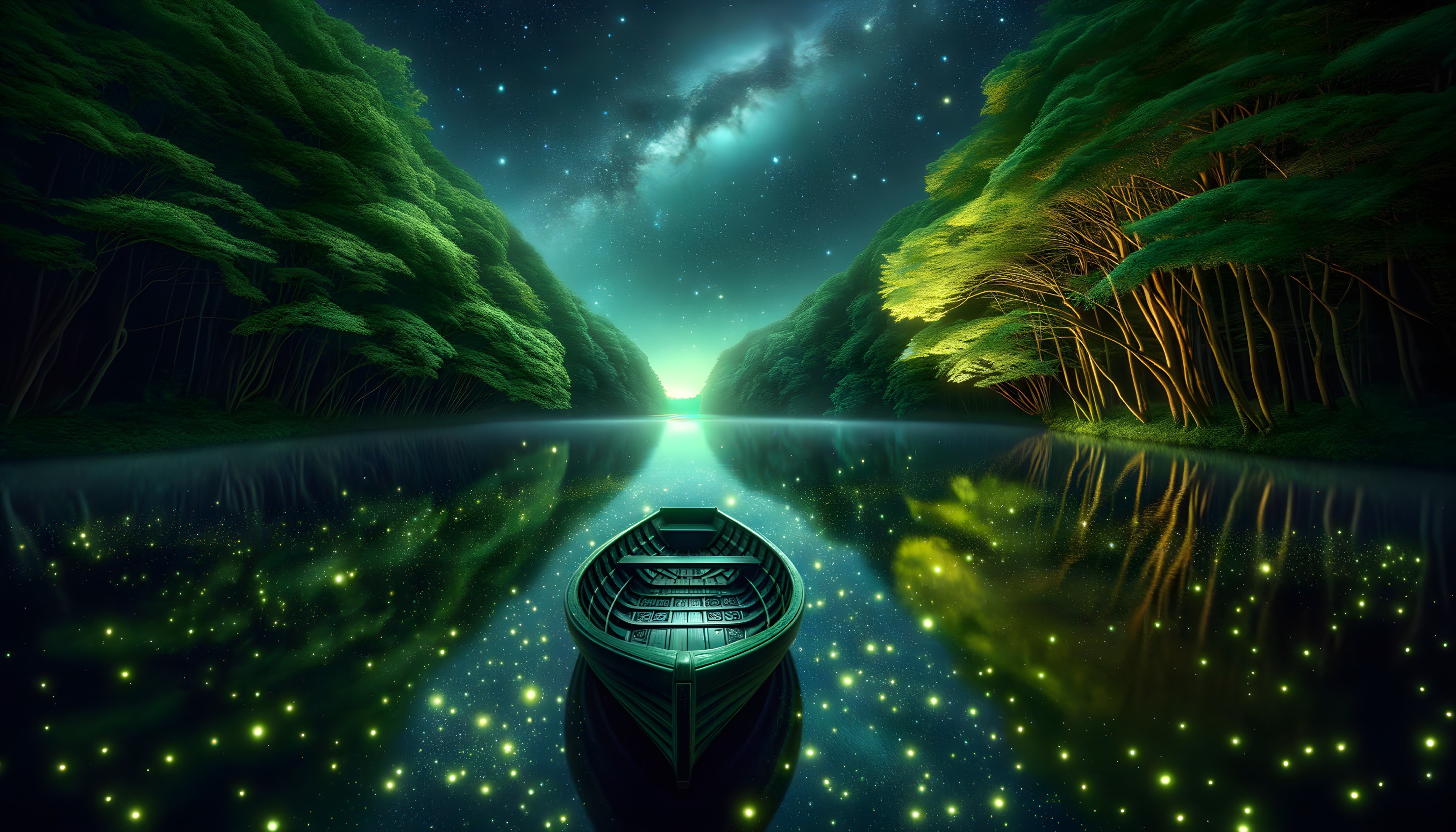 Solitary Boat on a Calm Reflective River at Night