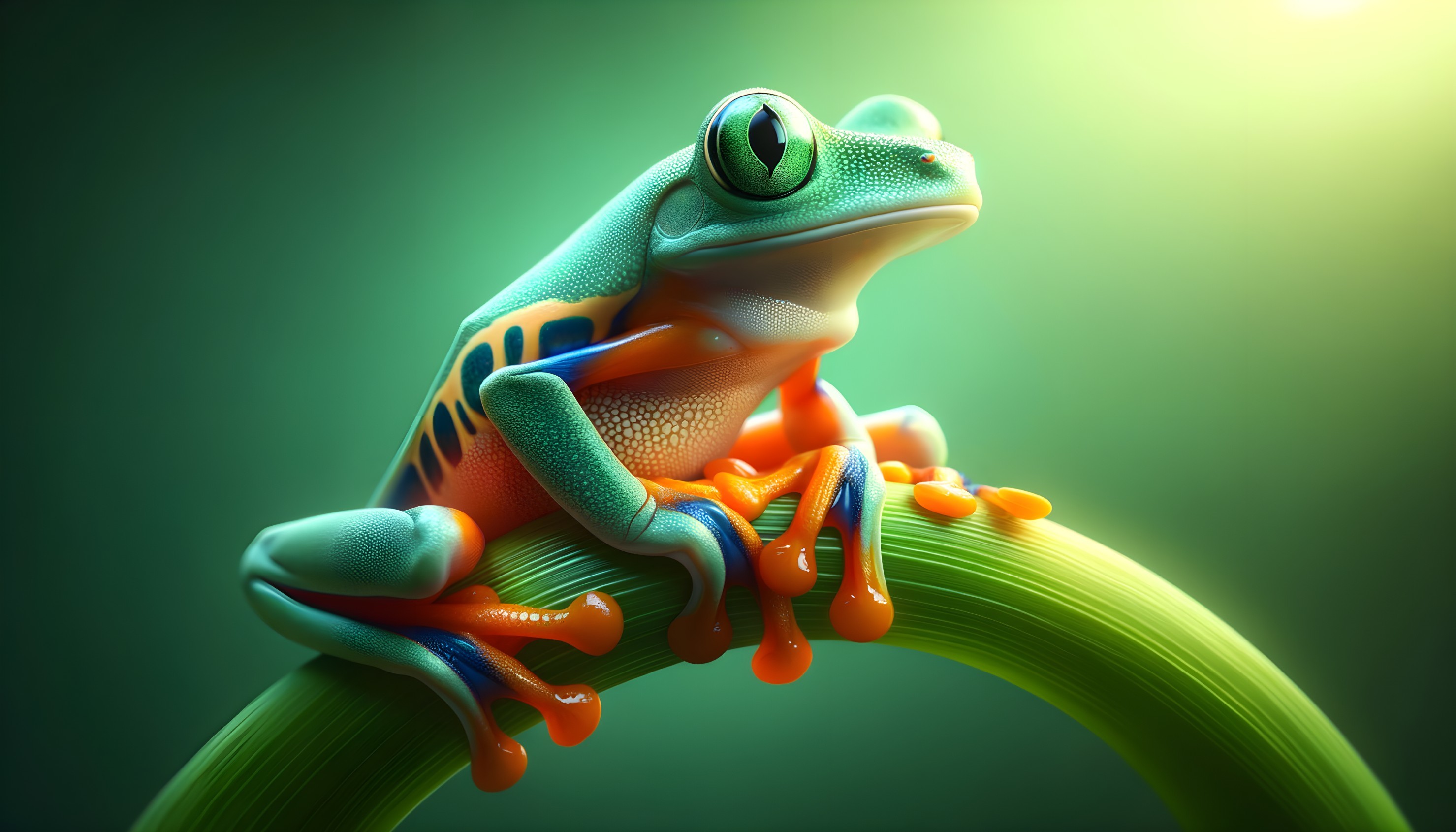 Vividly Colored Frog on Green Vine with Blurred Background