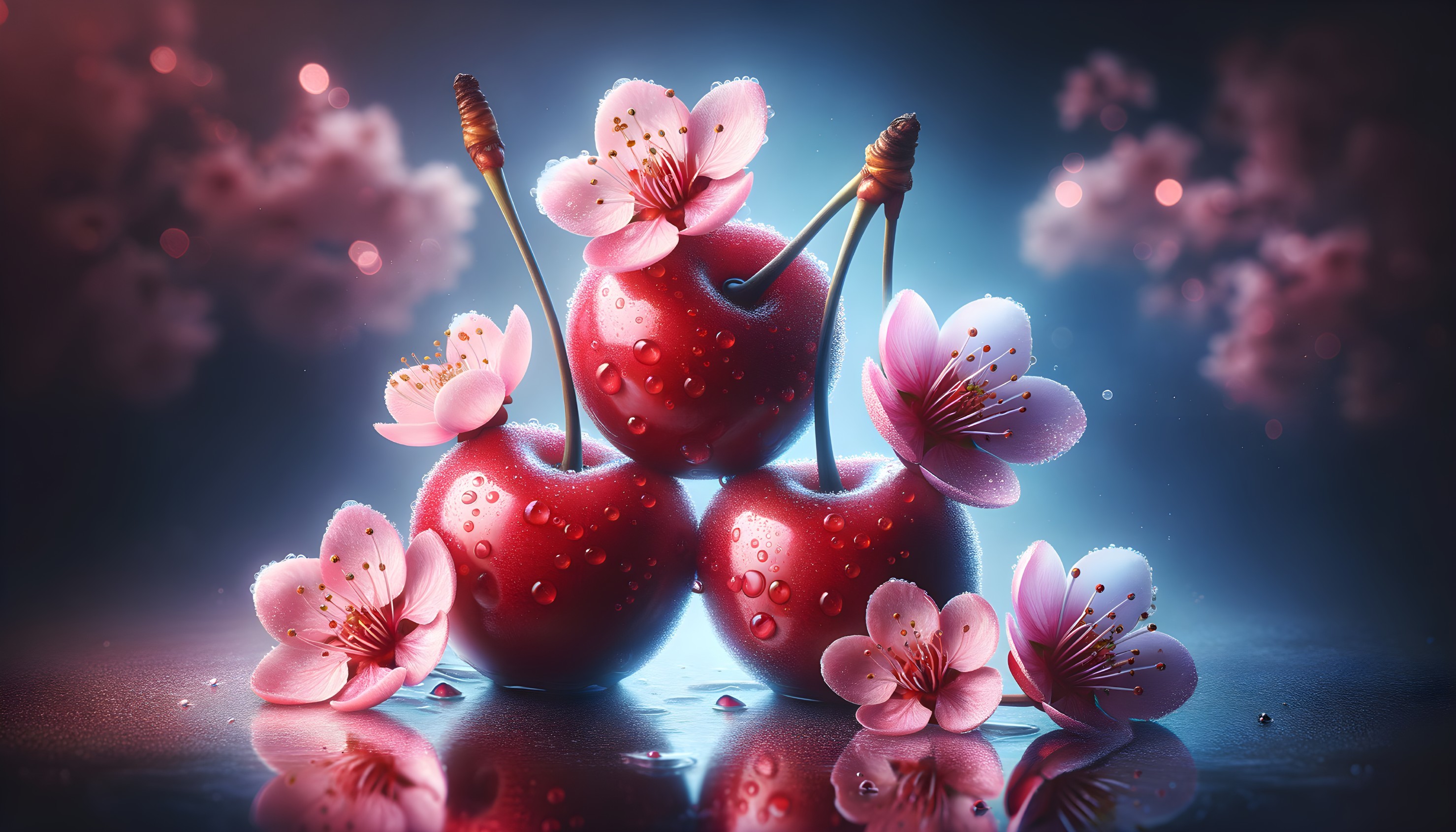 Still Life of Red Cherries with Cherry Blossoms