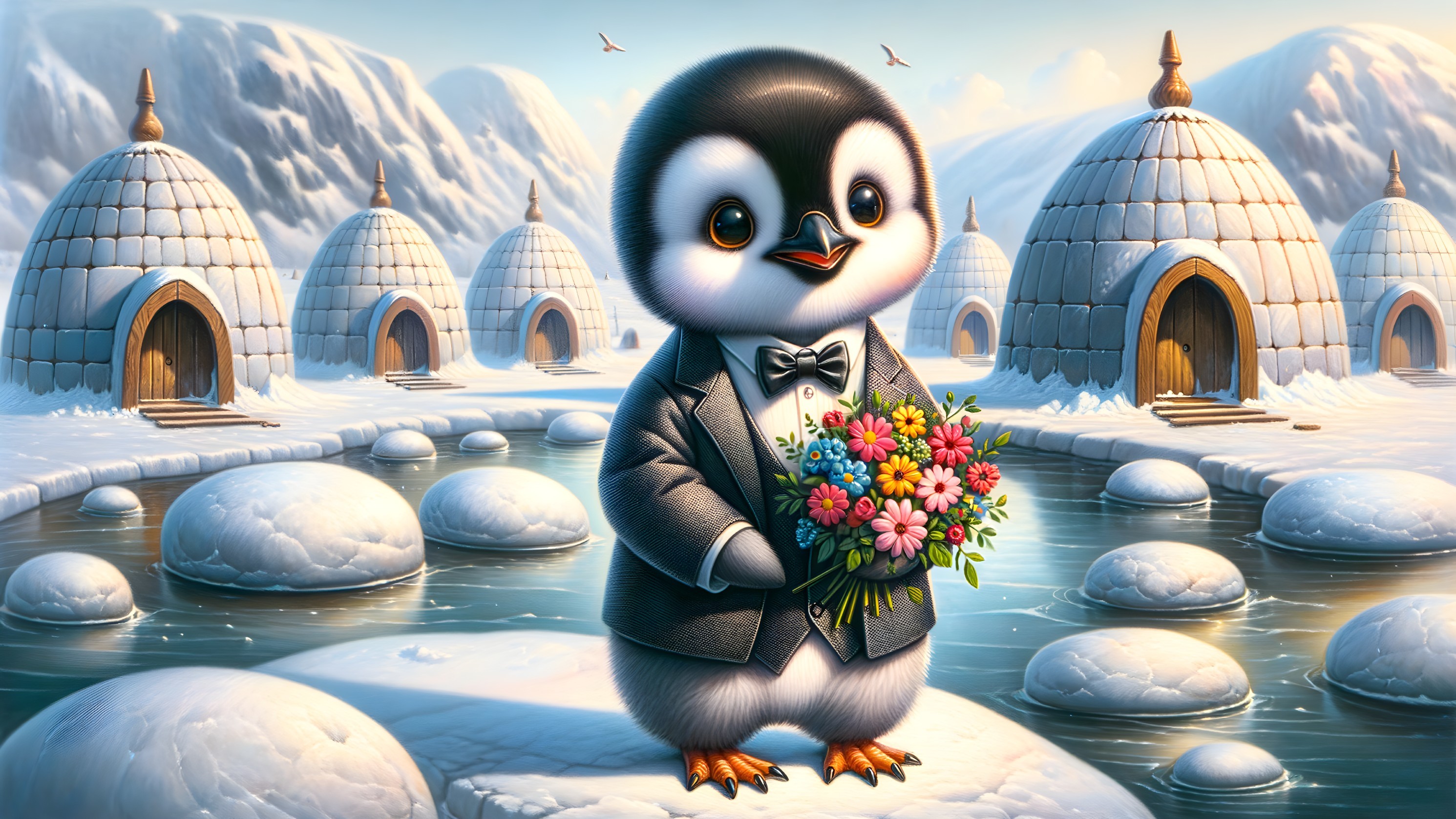 Charming Penguin with Flowers on Snowy Ice Floe