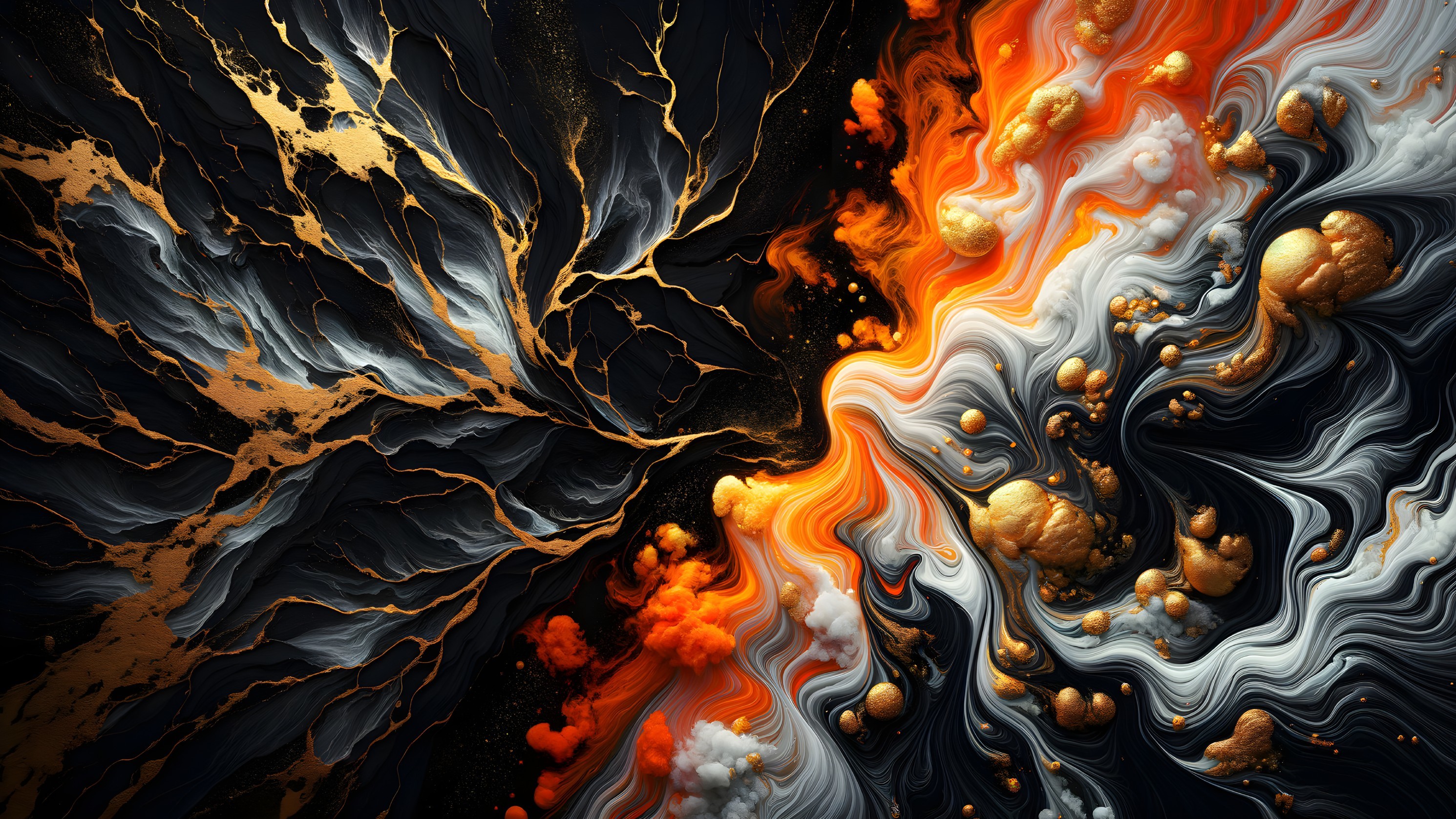 Abstract Artwork with Vibrant Orange and Black Swirls