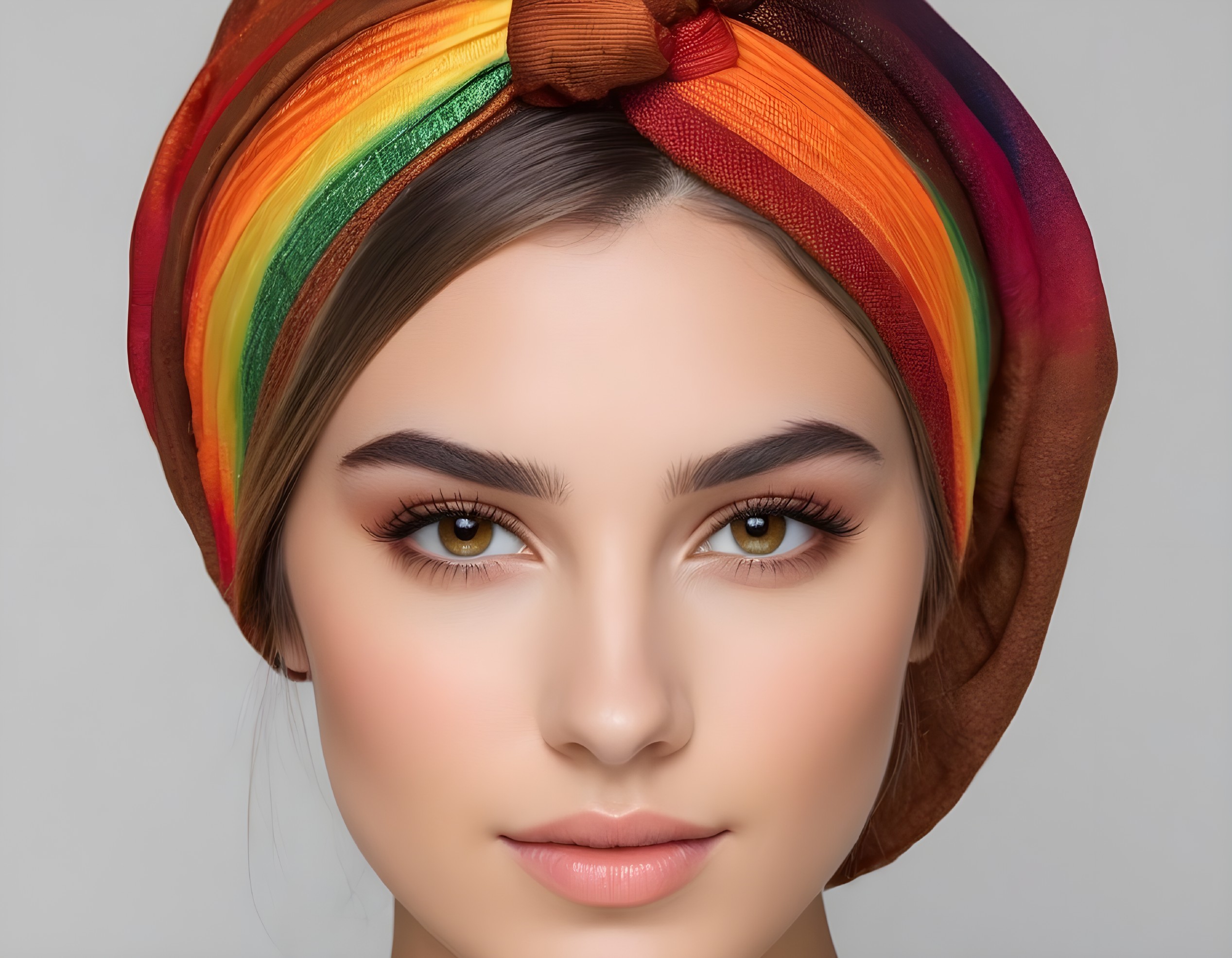 Confident Young Woman with Vibrant Headscarf and Makeup