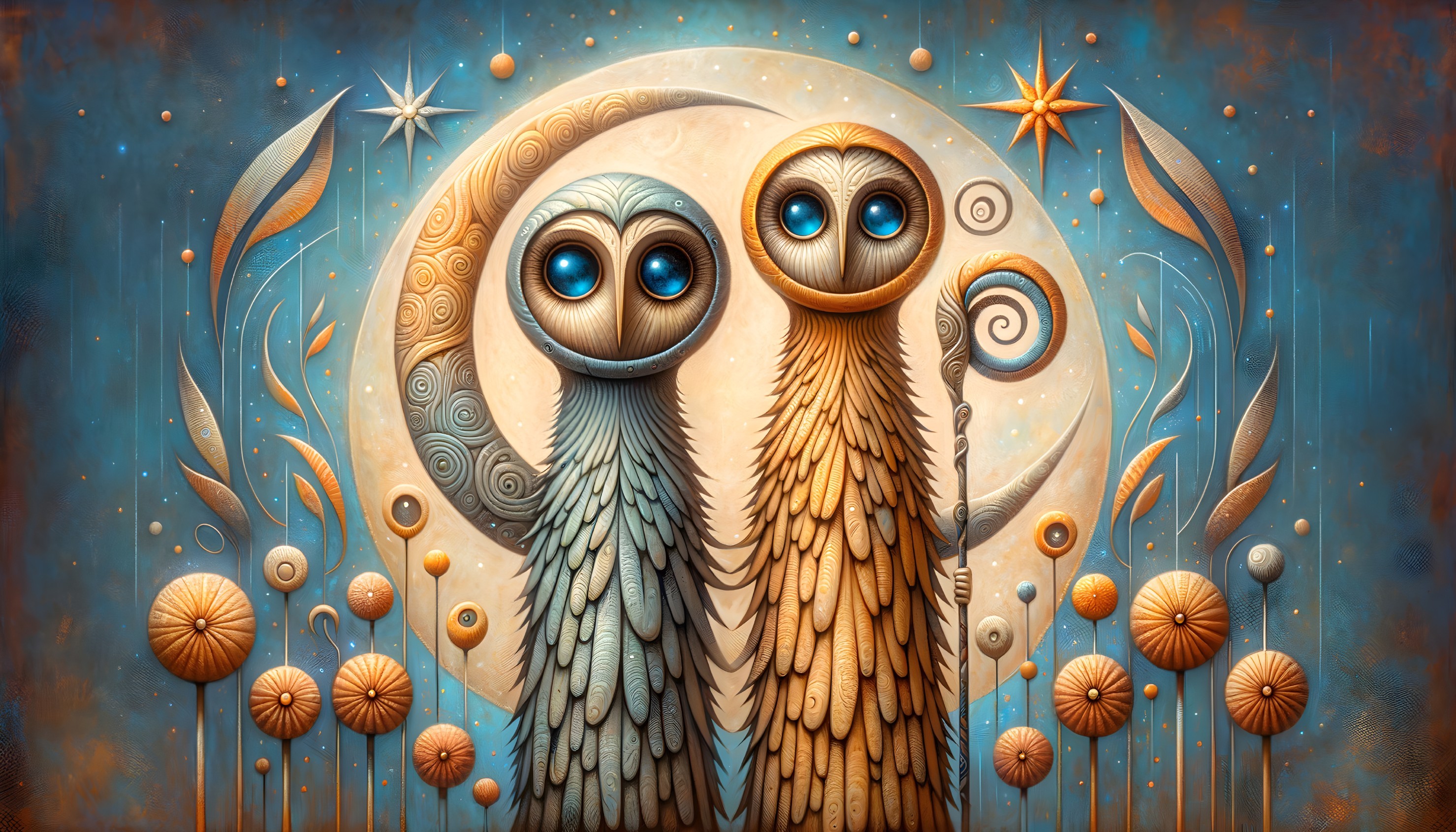 Whimsical Owls Under a Glowing Moon and Stars
