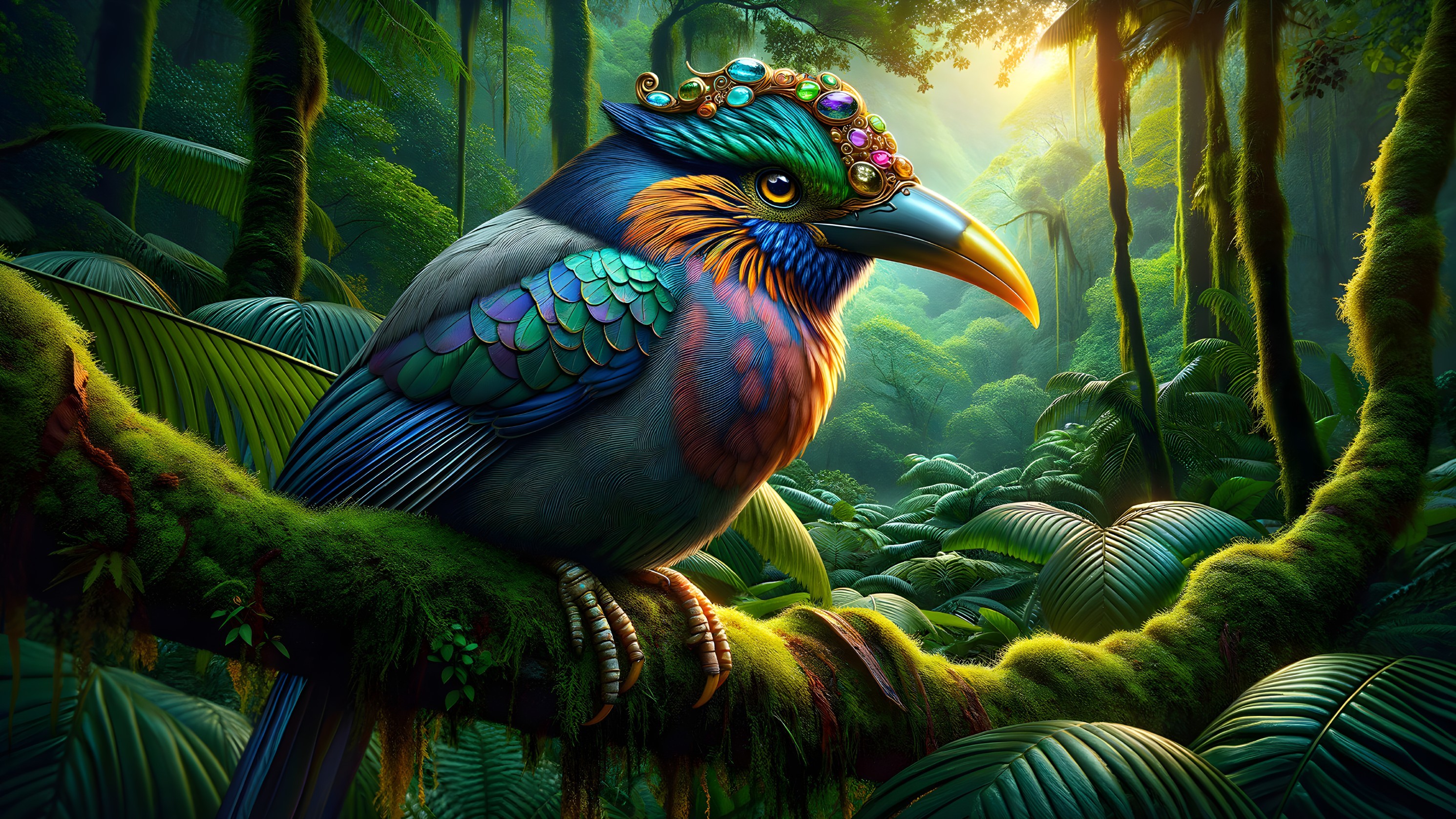 Colorful bird on mossy branch in lush rainforest