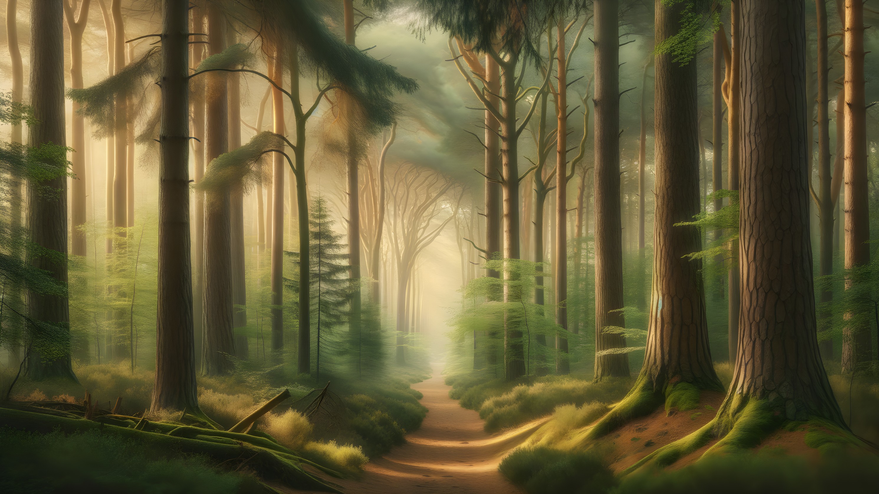Serene Forest Path Surrounded by Towering Trees