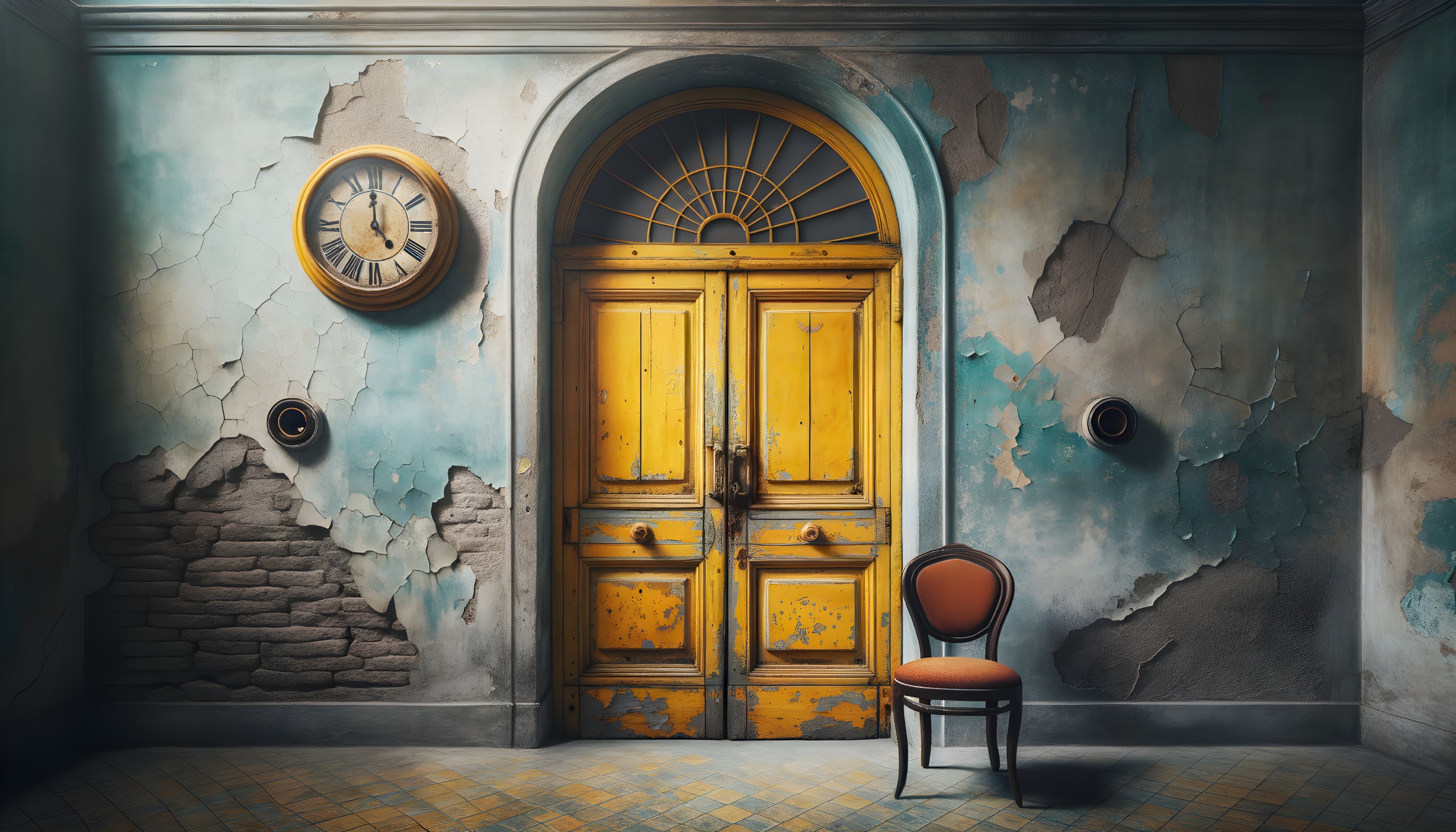 Weathered Room with Yellow Double Door and Antique Clock