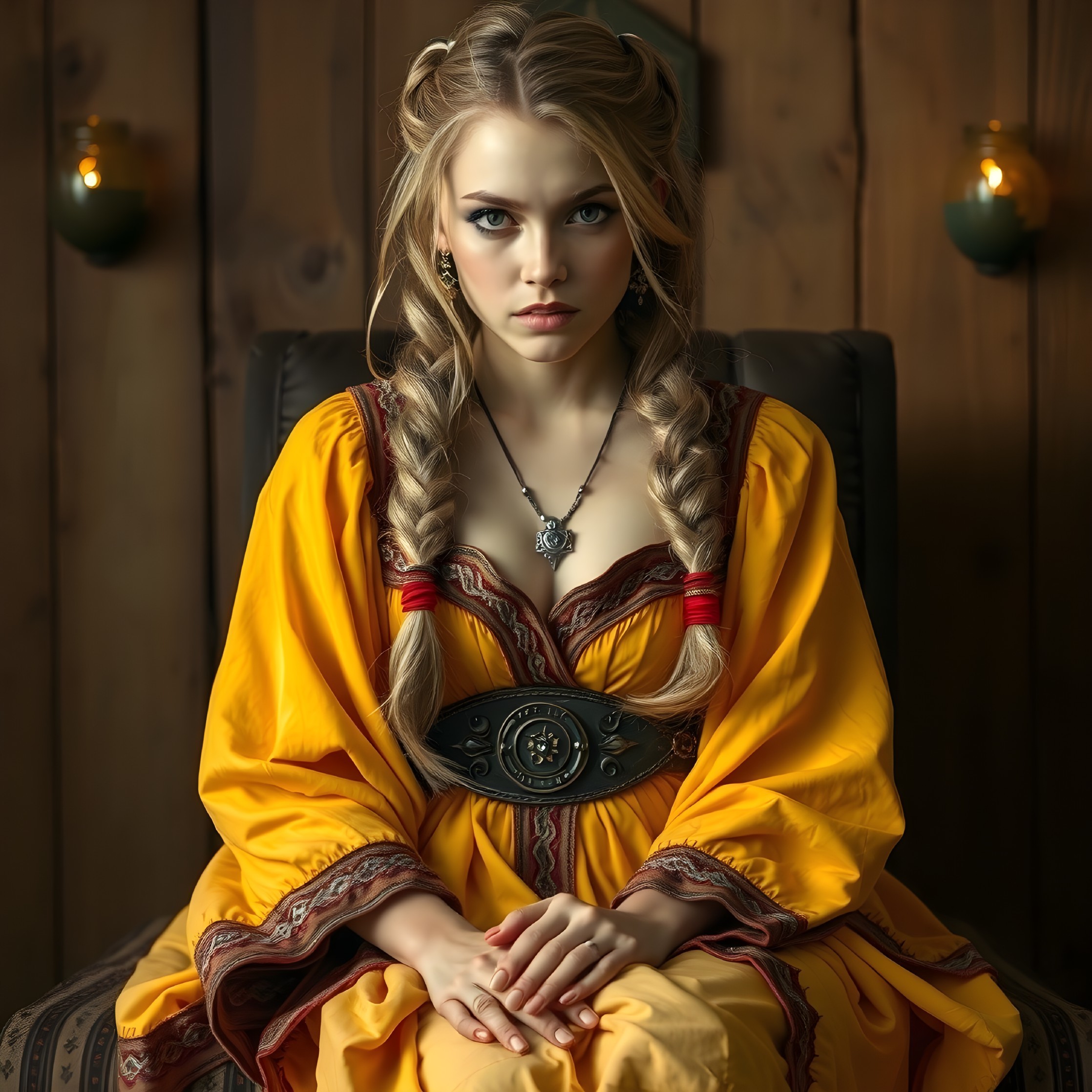 Young woman in yellow gown in medieval setting