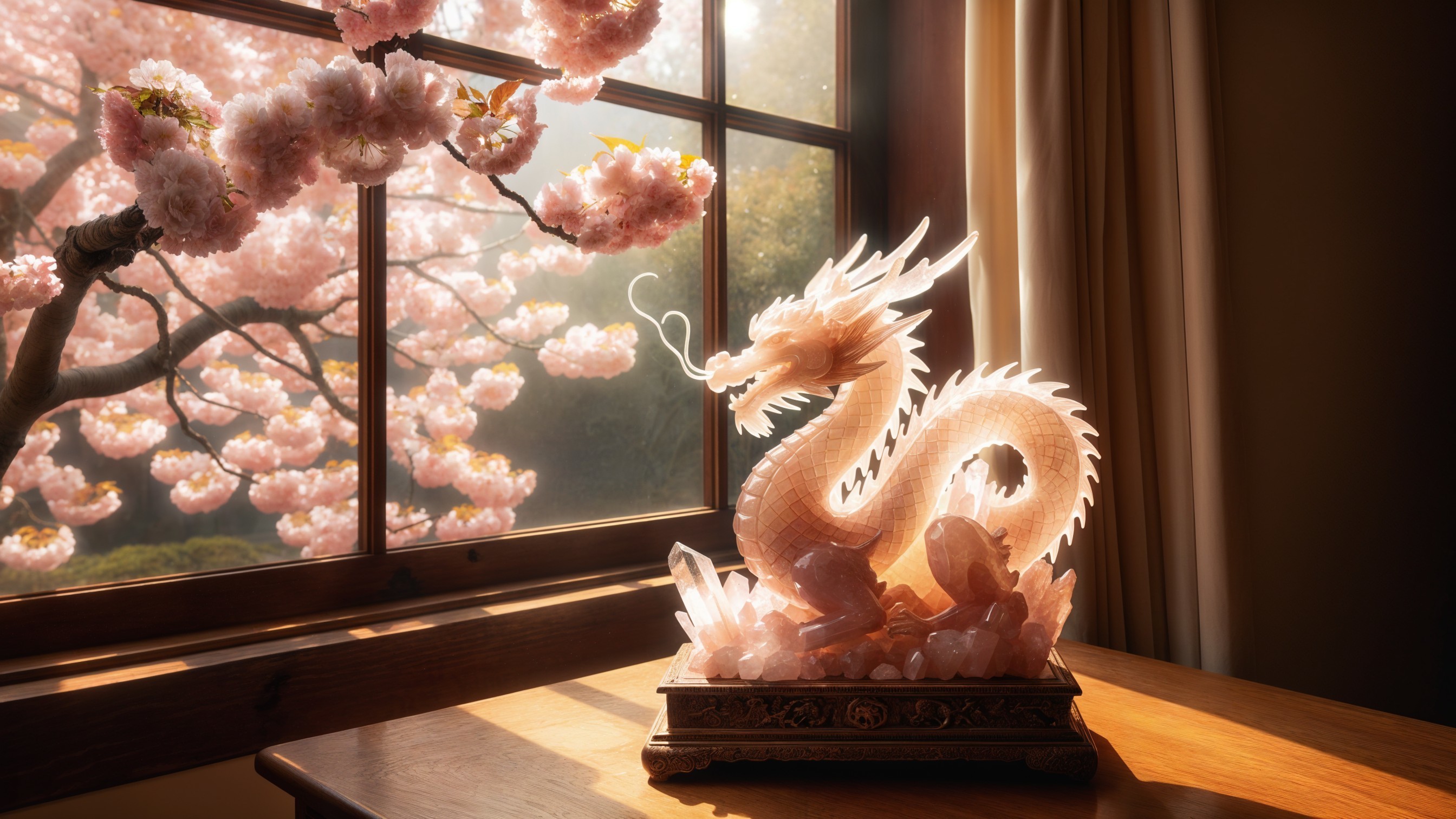 Translucent Dragon Sculpture with Cherry Blossom Background