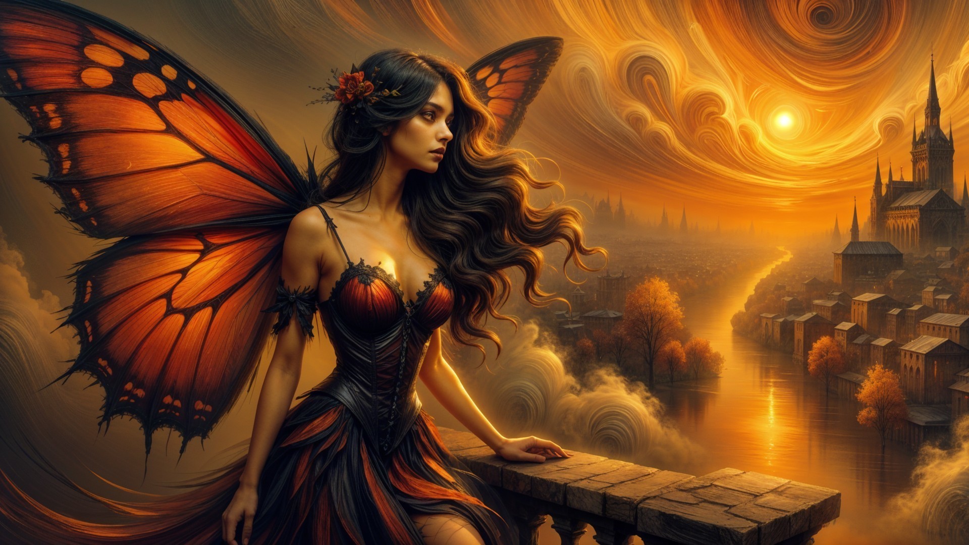 Mystical figure with butterfly wings at sunset balcony