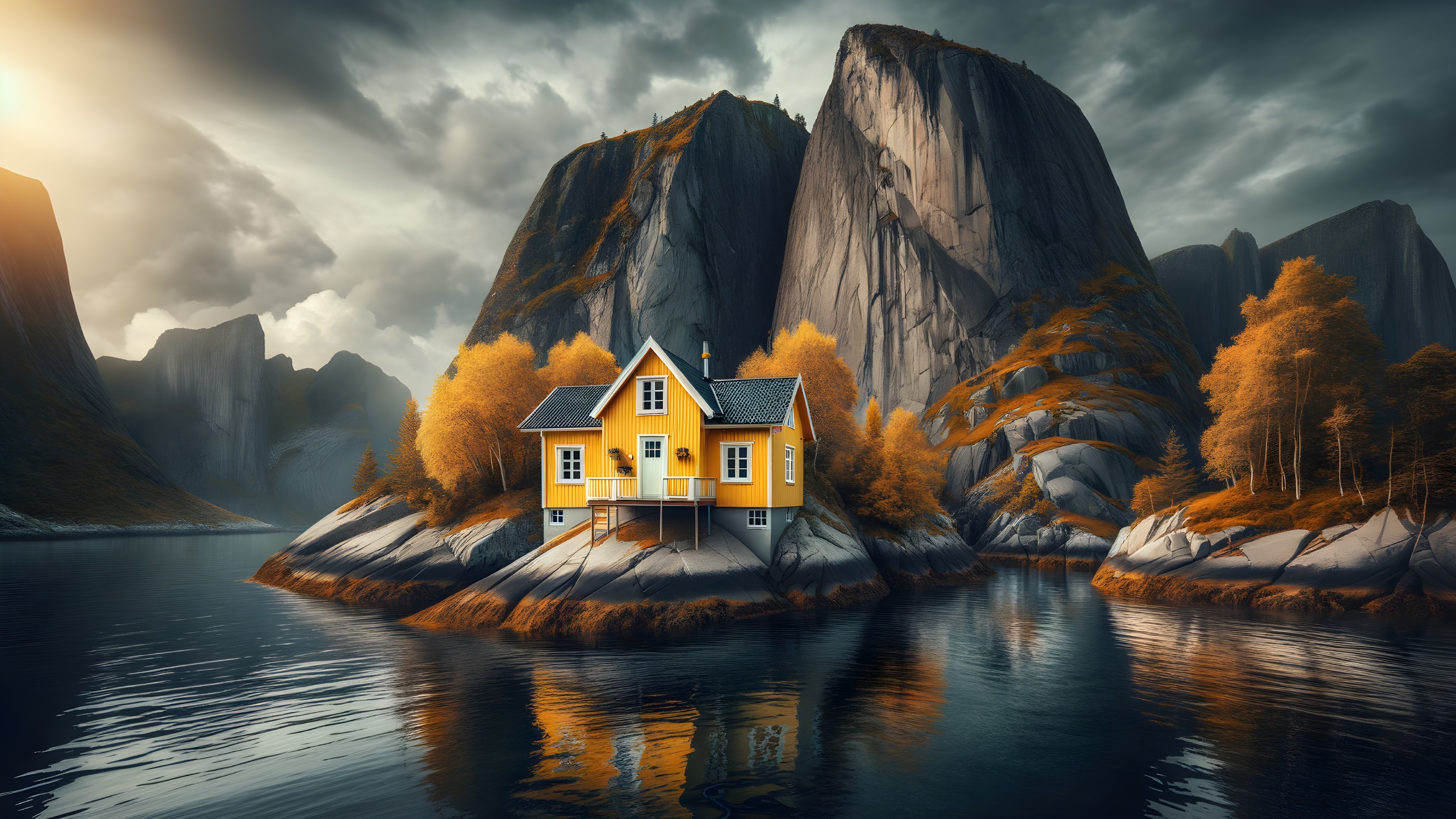 Vibrant Yellow House on Rocky Island with Cliffs