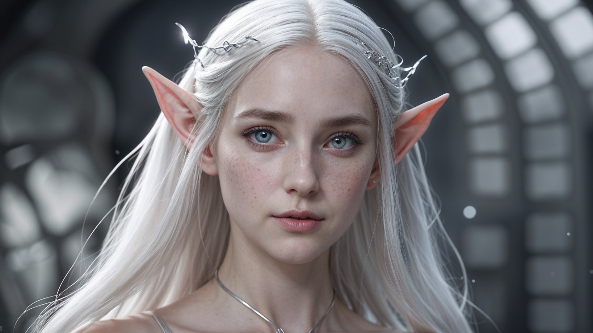 Young elf with white hair and expressive blue eyes