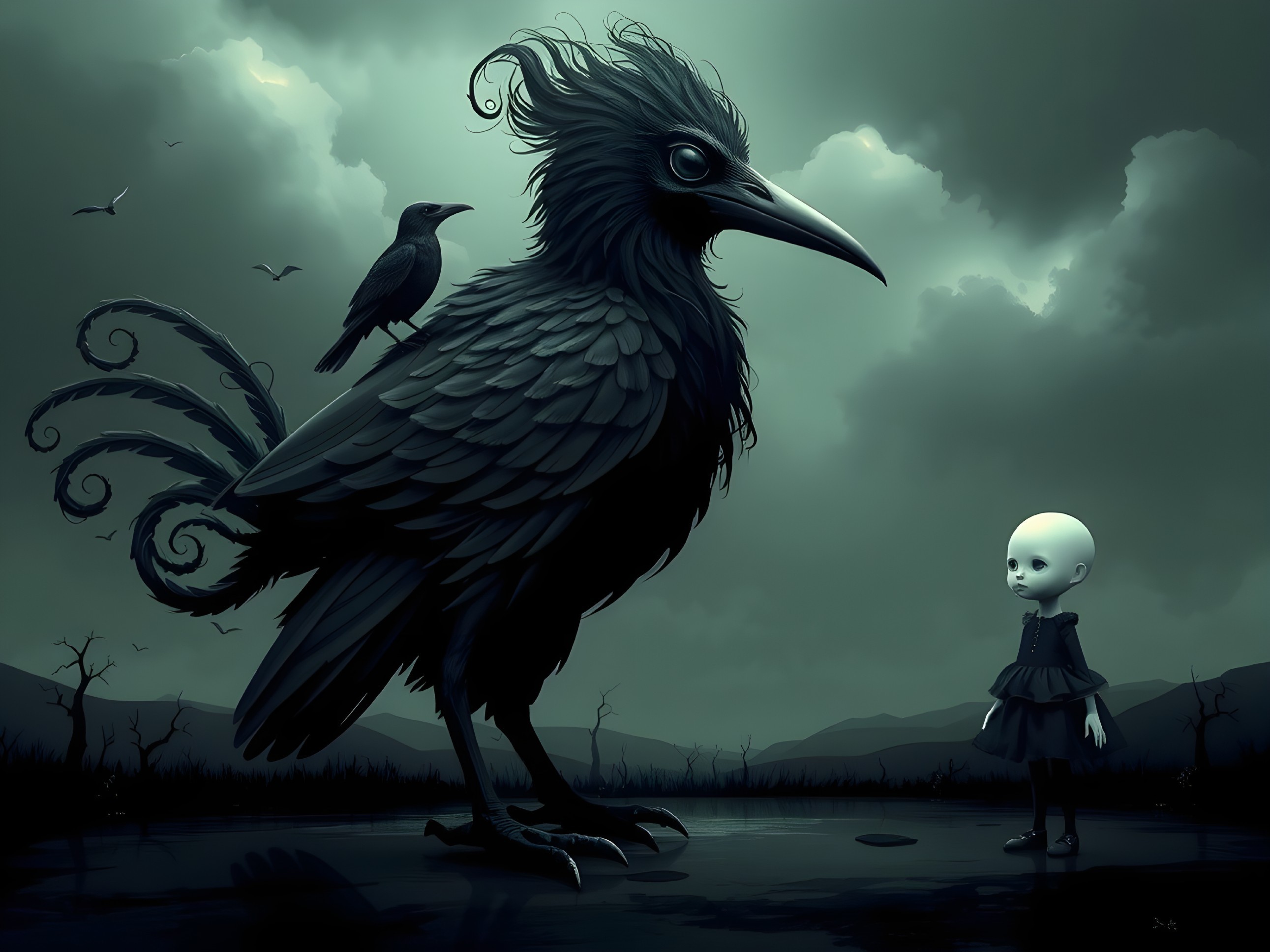 Surreal Scene with Doll Figure and Enormous Raven