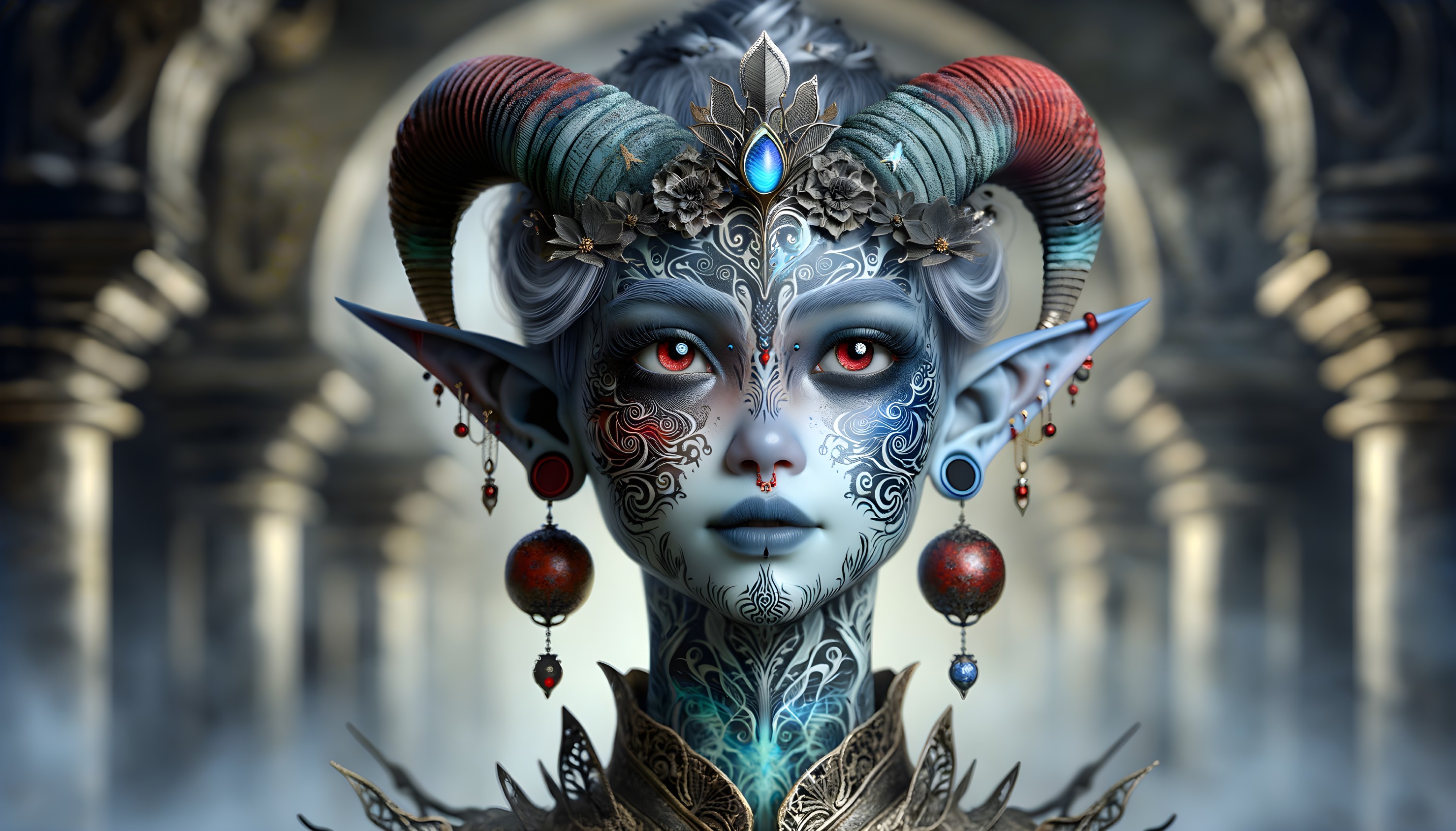 Fantasy Character with Blue and Silver Face Paint
