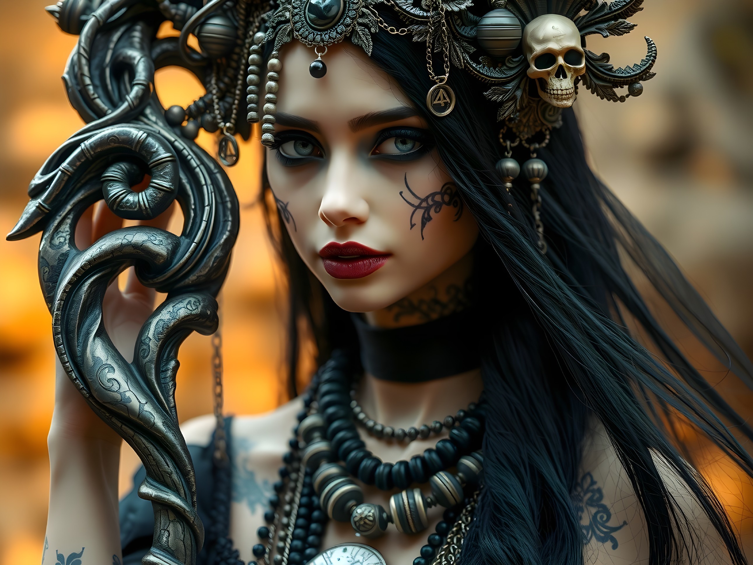 Striking Woman in Dark Attire with Intricate Jewelry