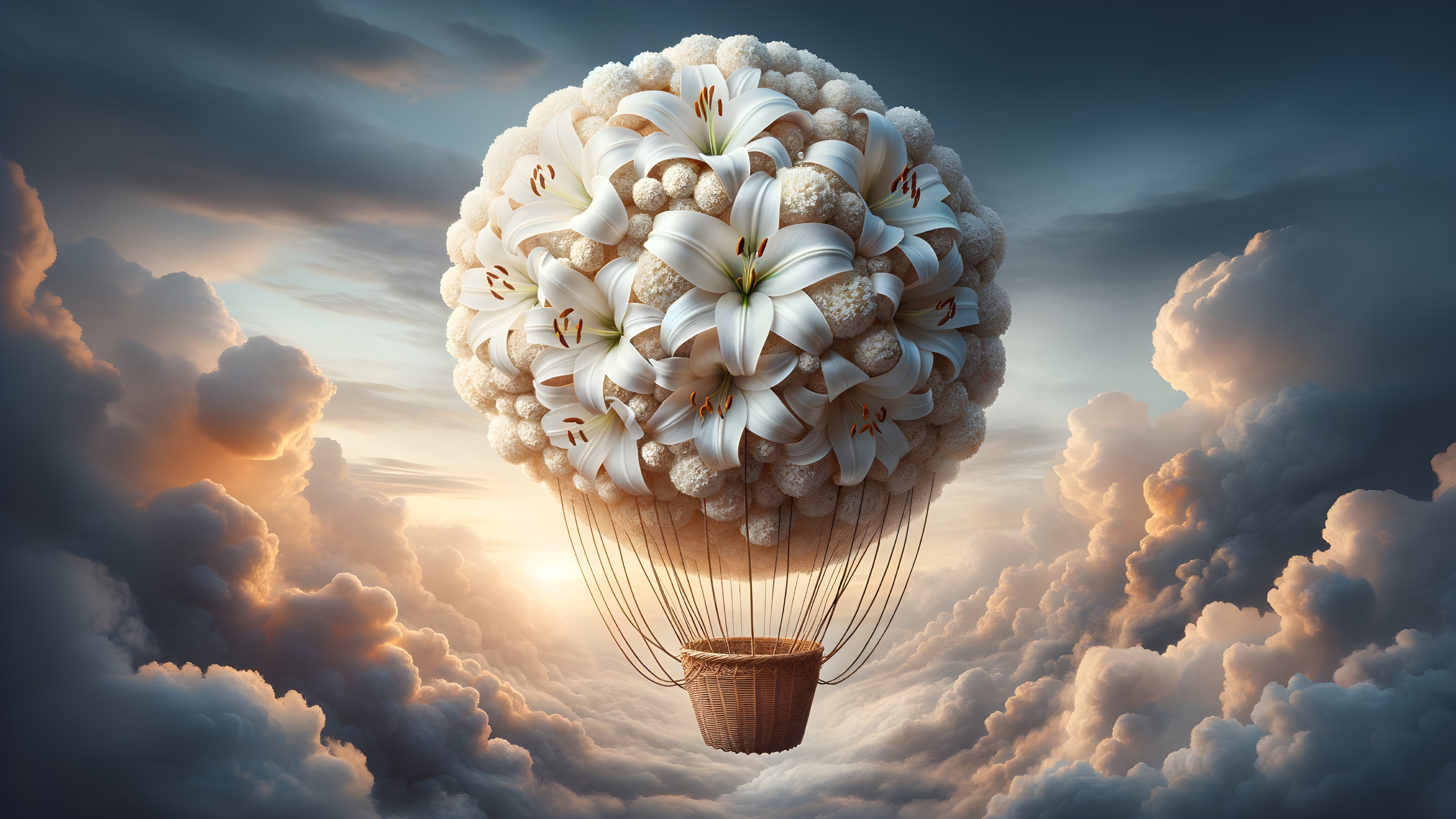 Whimsical Hot Air Balloon with Lily Canopy in Clouds