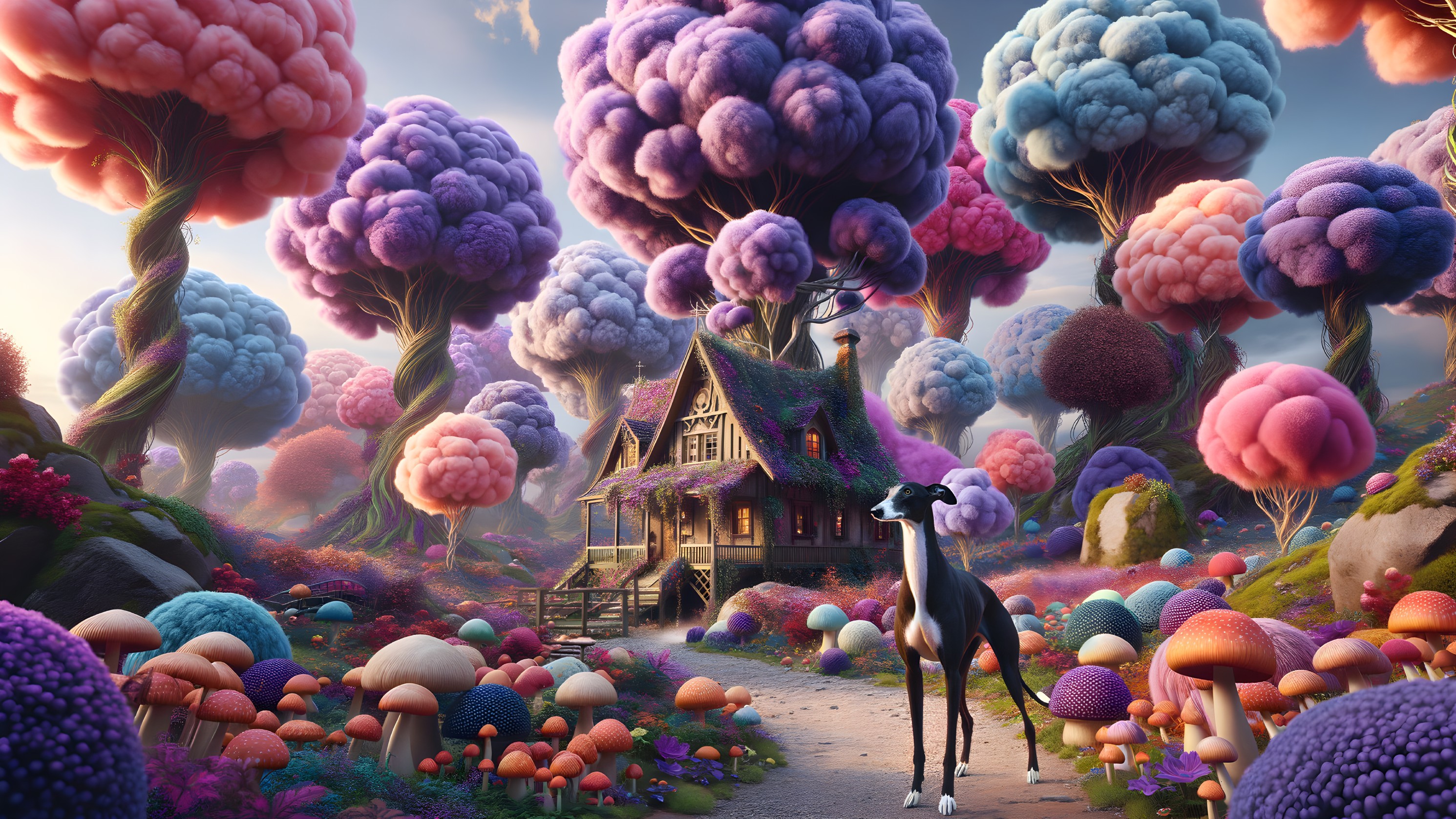 Surreal Landscape with Whimsical Cottage and Greyhound
