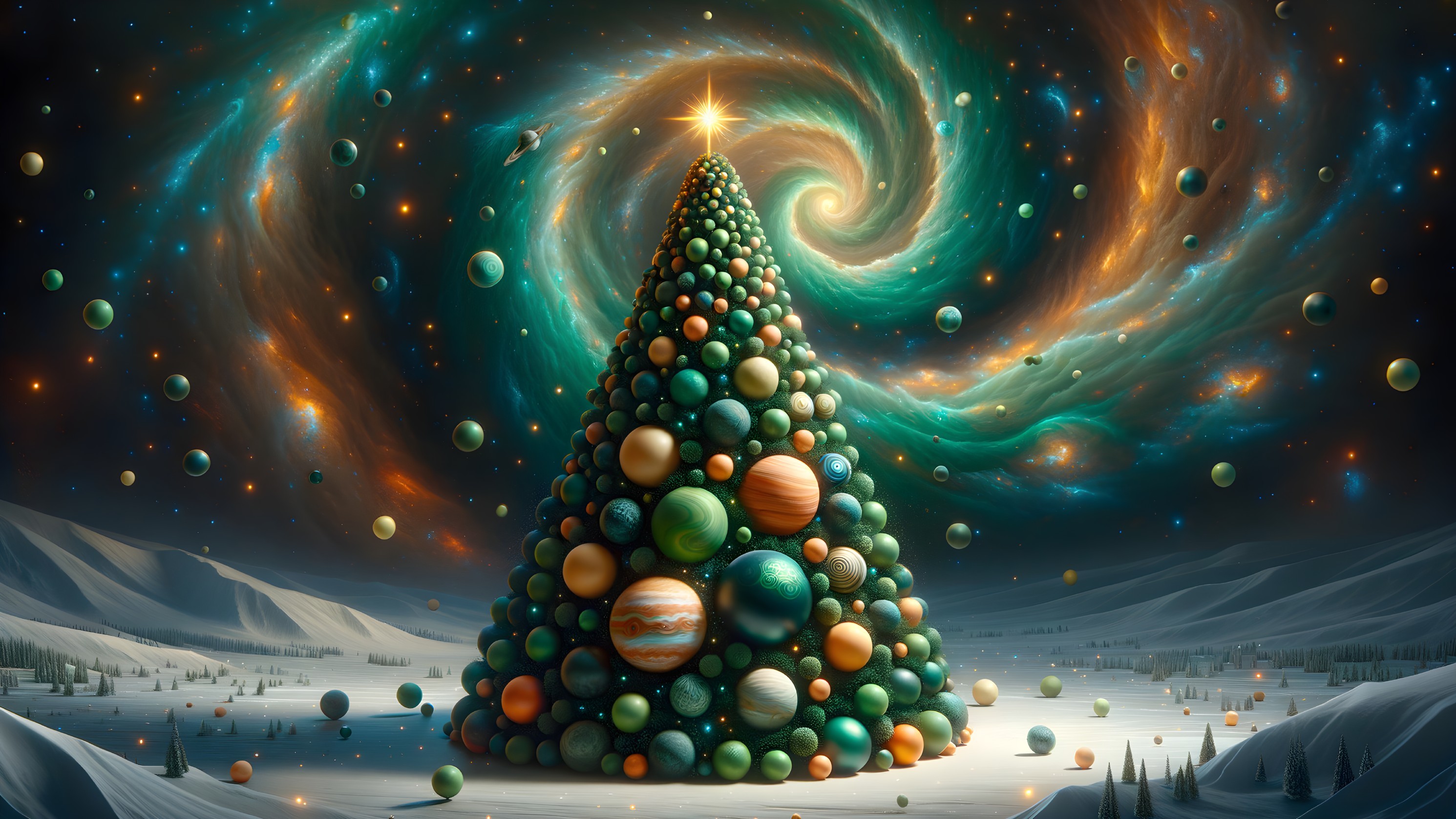 Cosmic Christmas Tree in a Winter Landscape