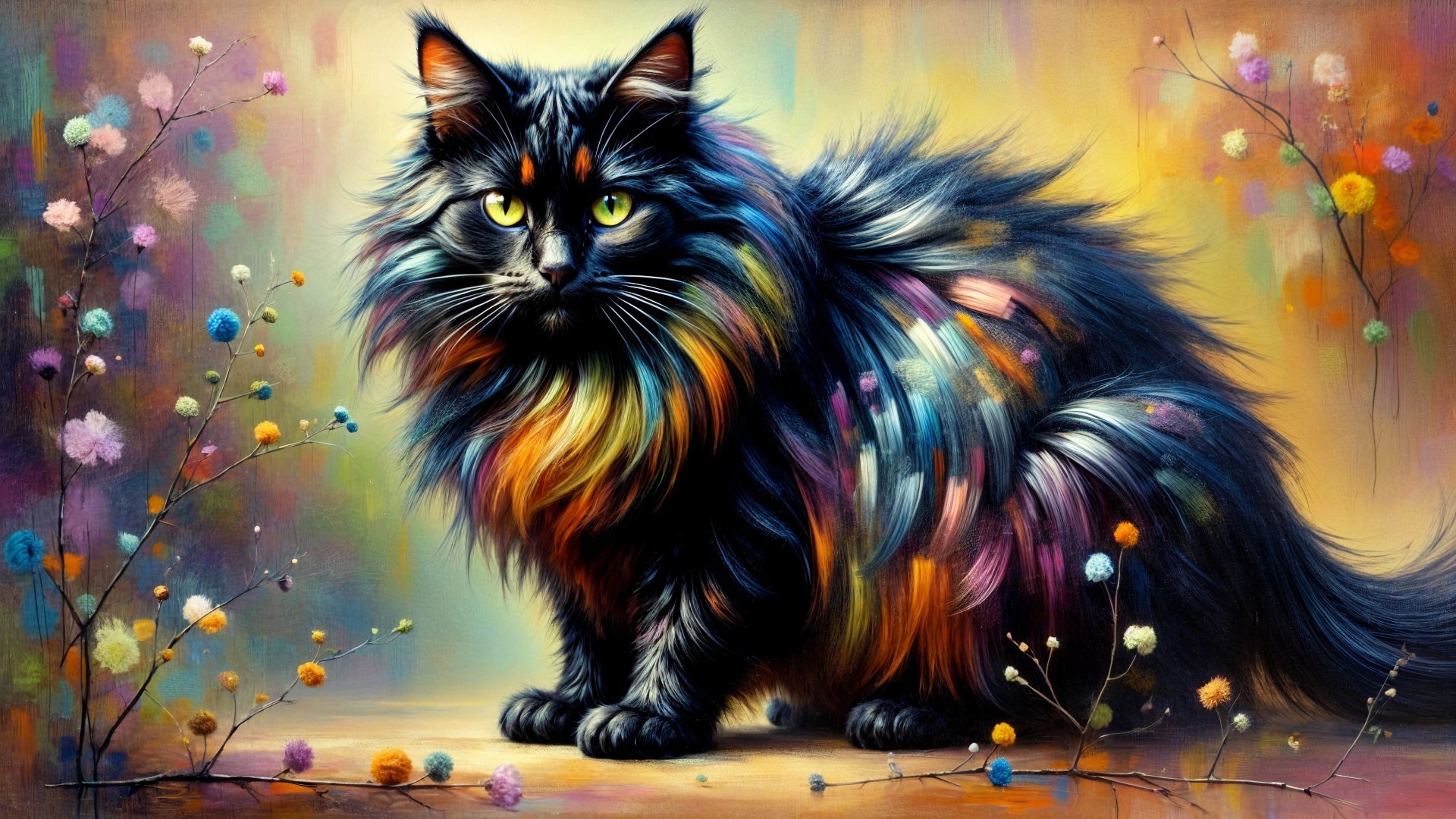 Fluffy Multi-Colored Cat Amidst Vibrant Flowers