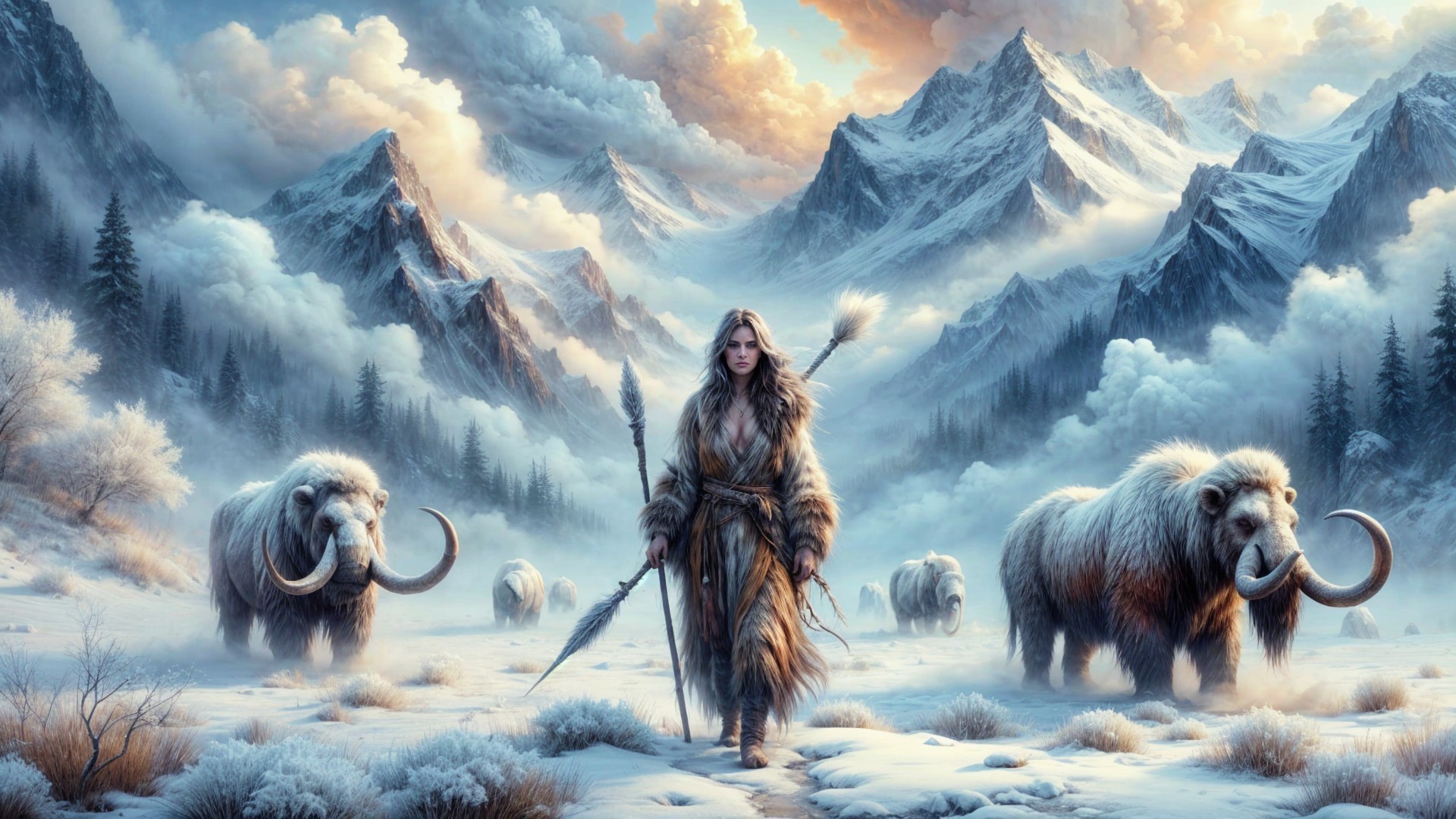 Fierce Warrior in Snowy Landscape with Mammoths