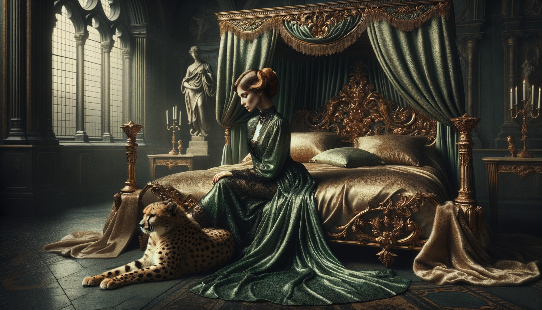 Woman in Green Dress with Cheetah in Decorated Room