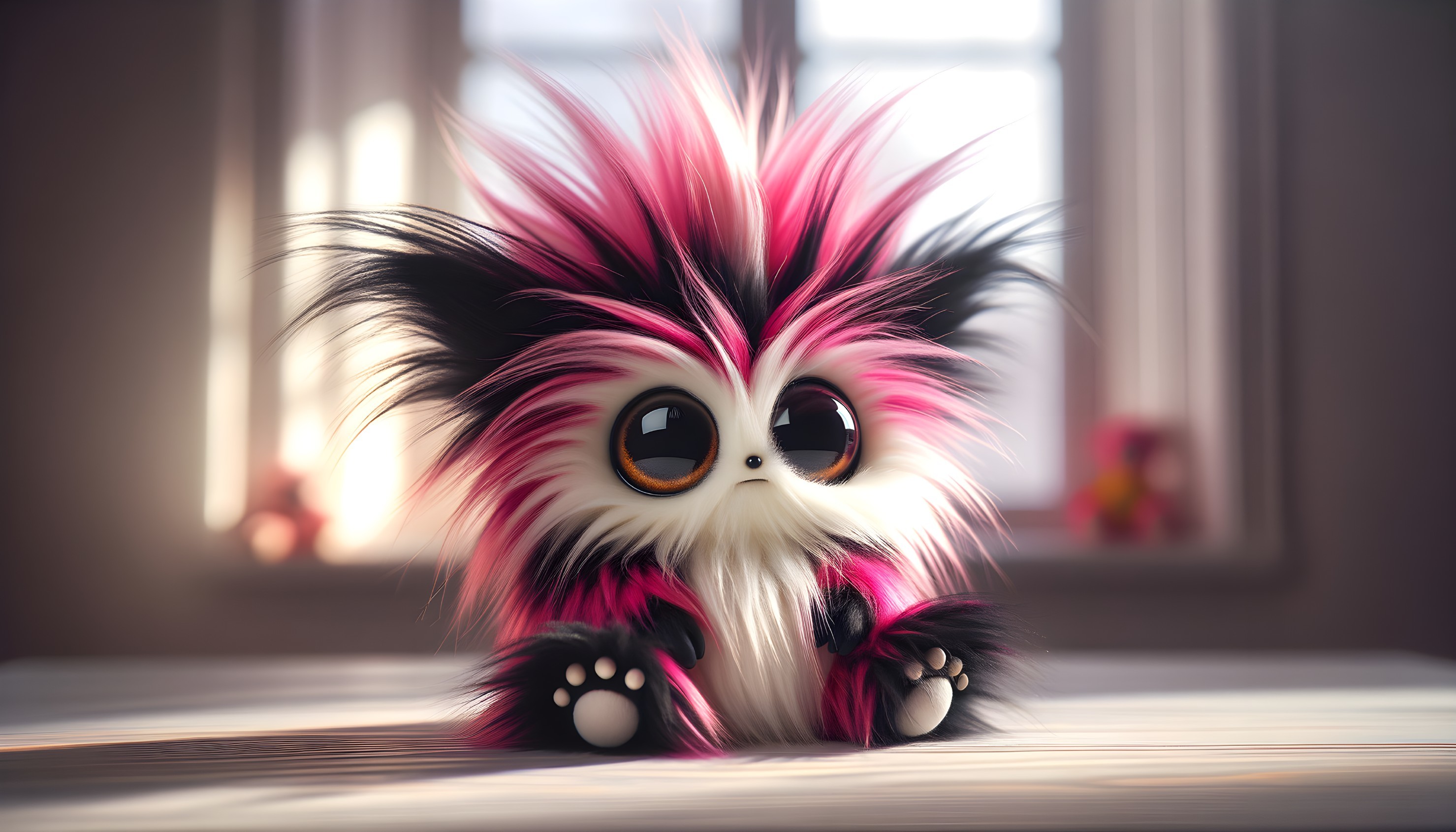 Fluffy Pink and Black Creature on Wooden Surface