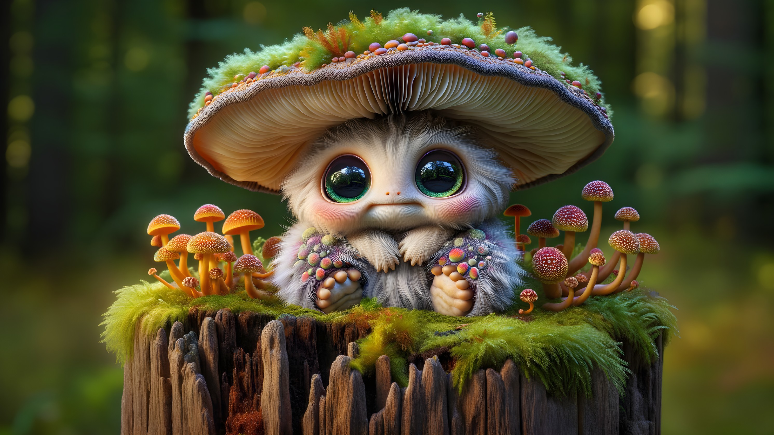 Whimsical Creature on Tree Stump in Enchanted Forest