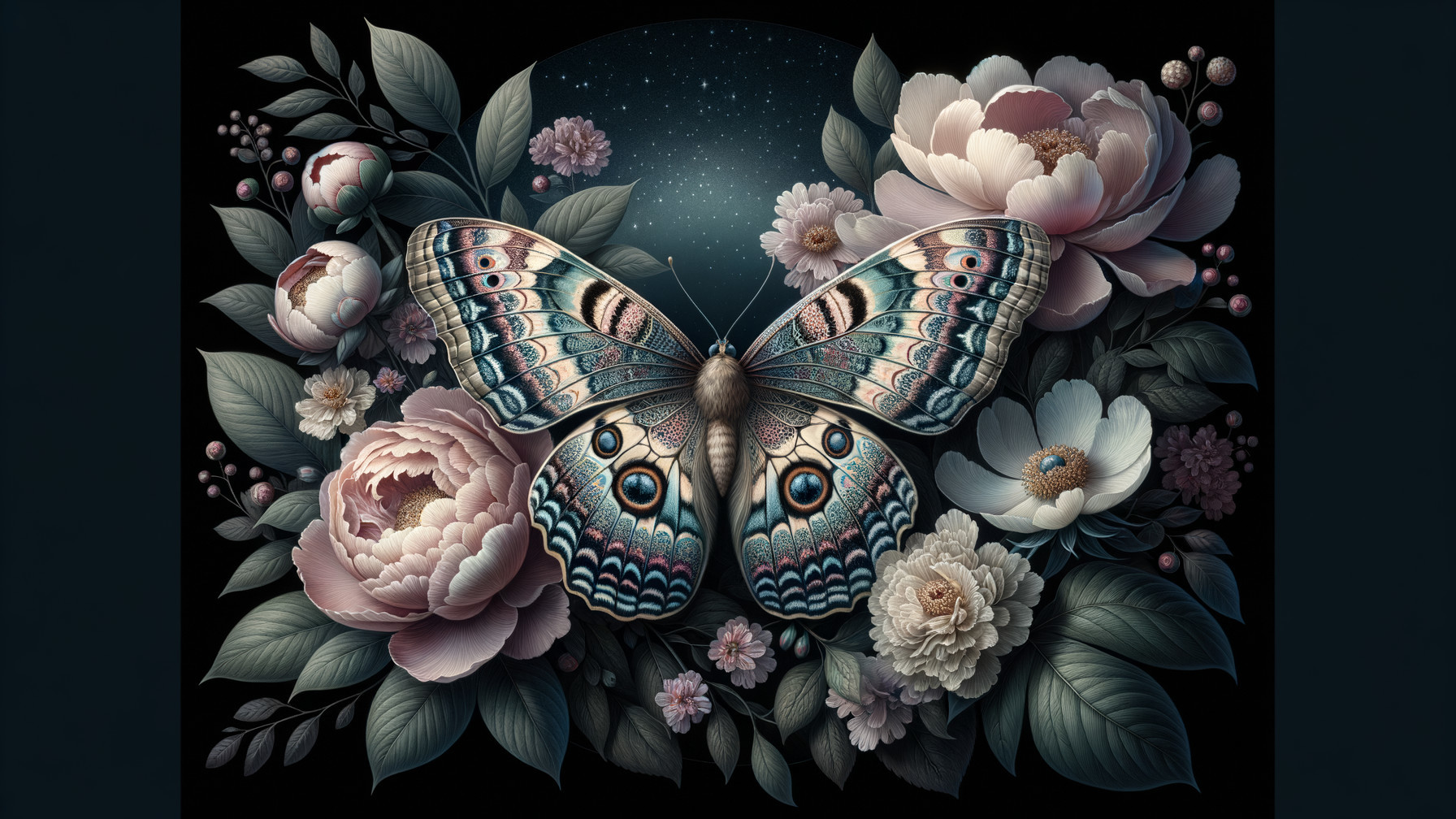 Detailed Butterfly Among Floral Arrangement on Dark Background