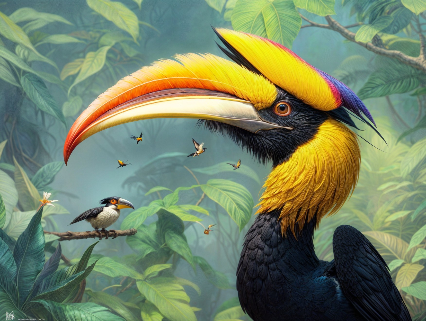 Colorful Hornbill in Lush Green Foliage Scene