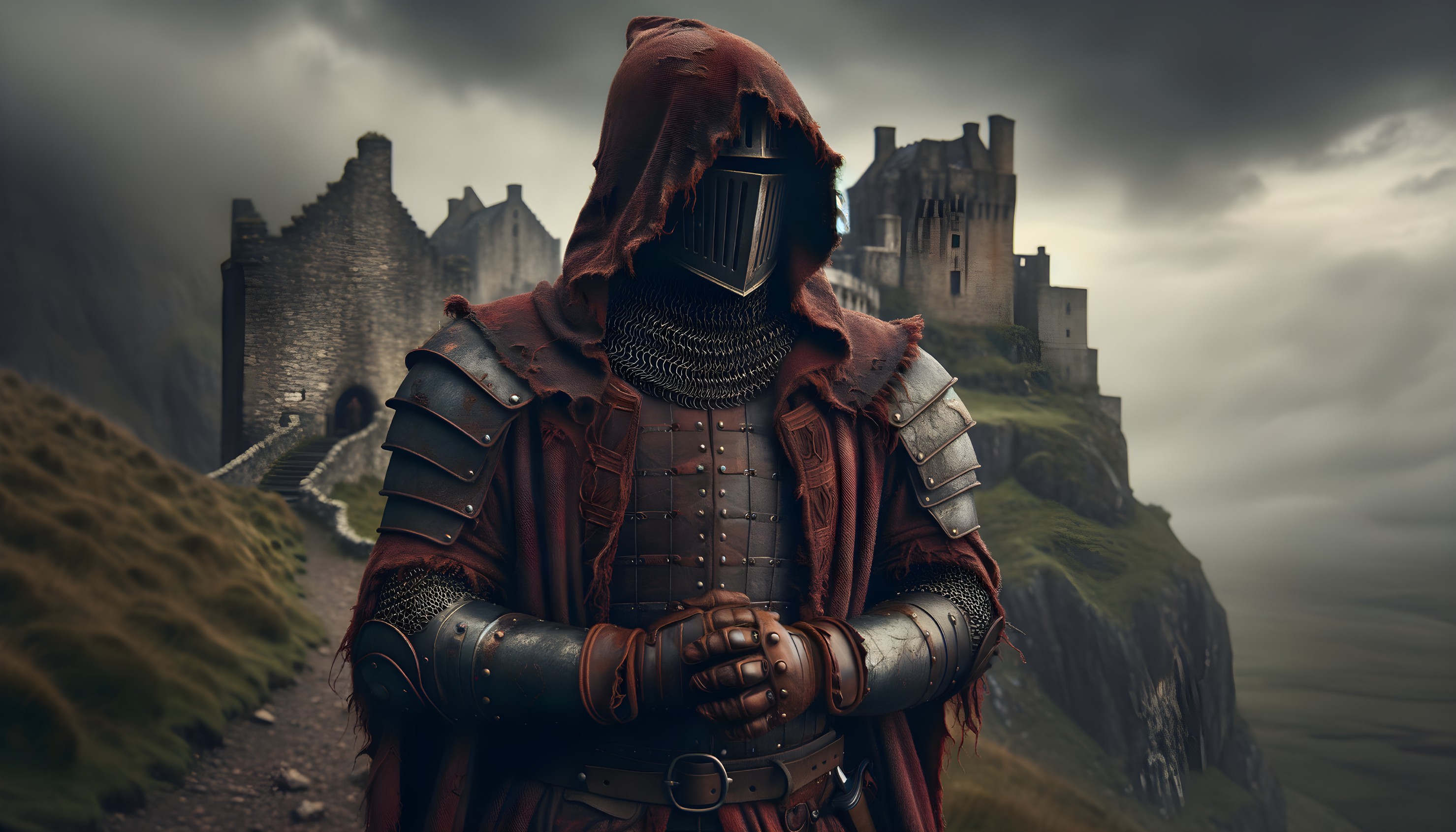 Hooded Knight on Rugged Path with Castle Background