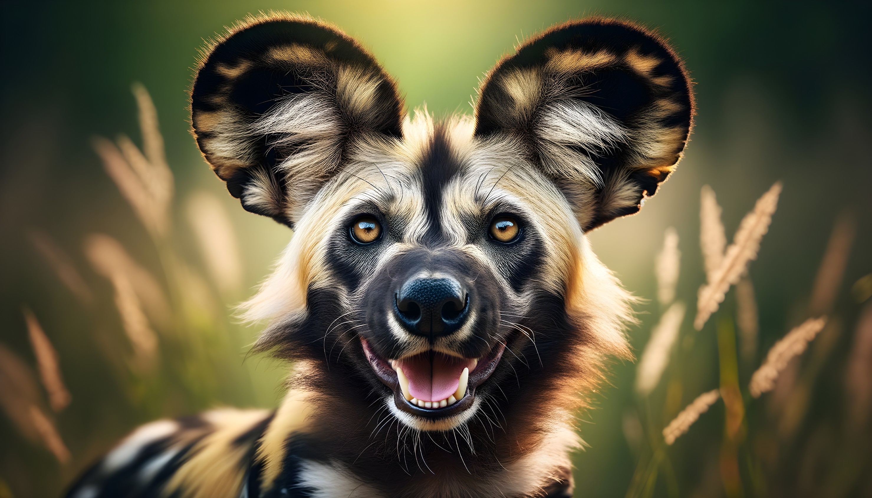 Playful dog with unique ears and colorful coat pattern