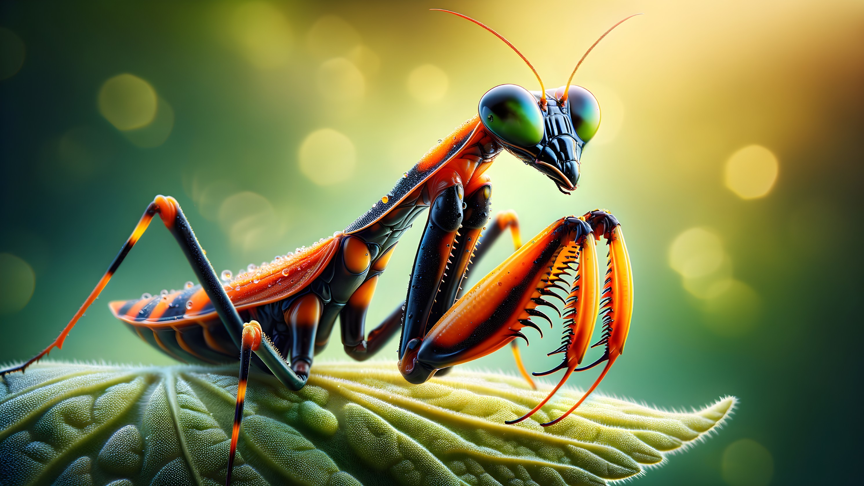 Vibrant Praying Mantis on Leaf with Bokeh Background