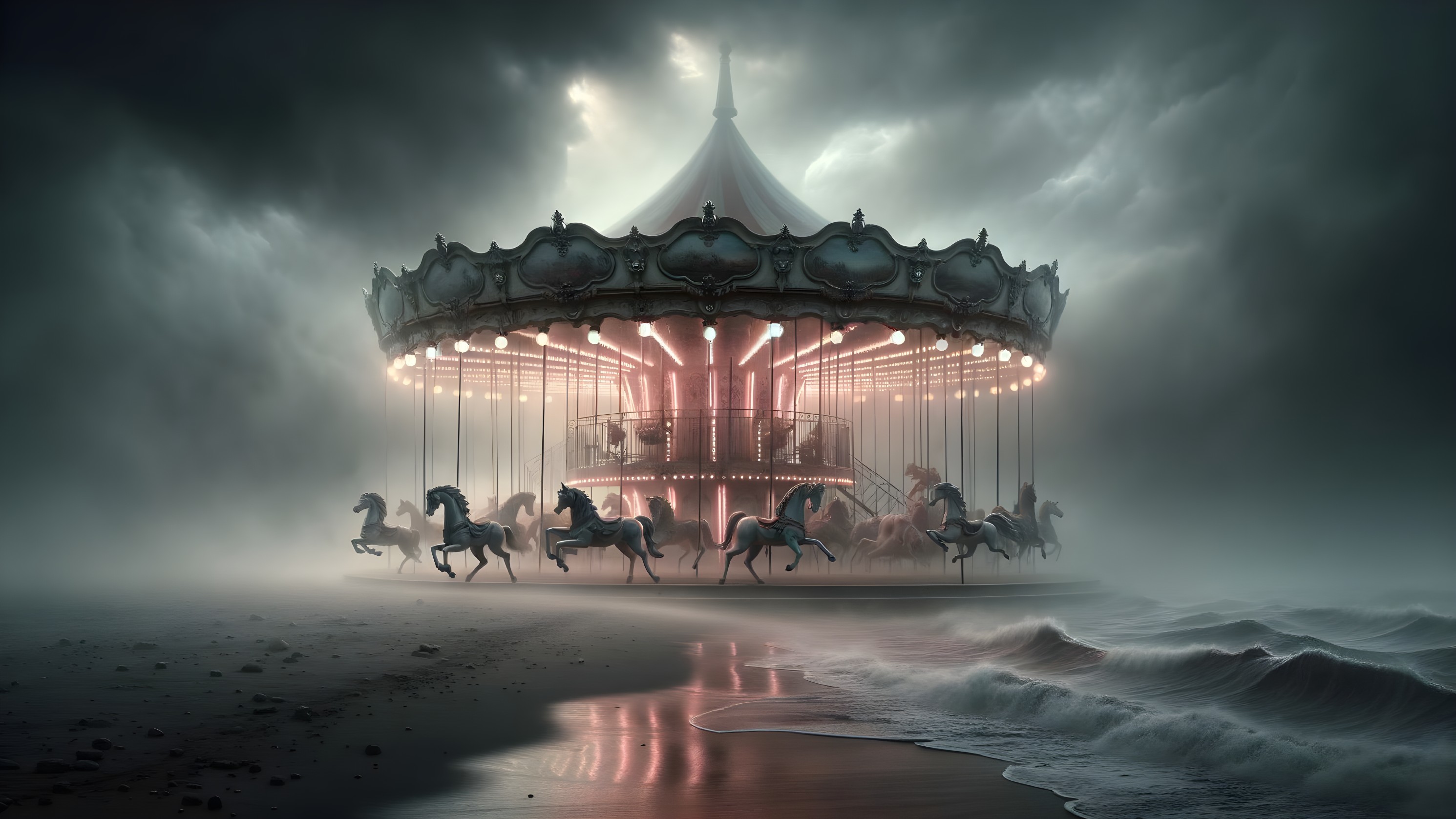 Mysterious Carousel on Foggy Shoreline at Dusk