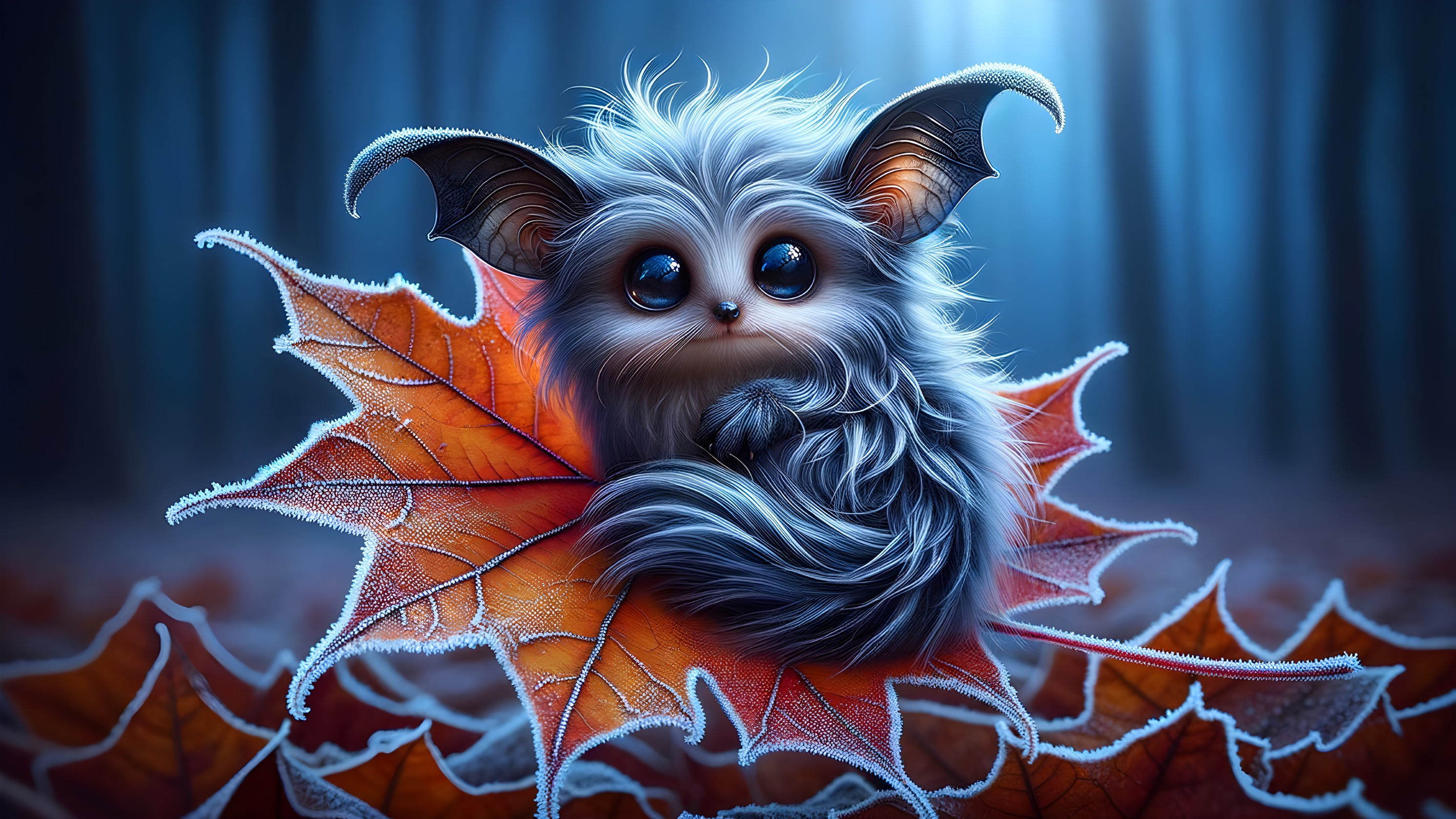 Whimsical Creature on Vibrant Maple Leaf in Mist