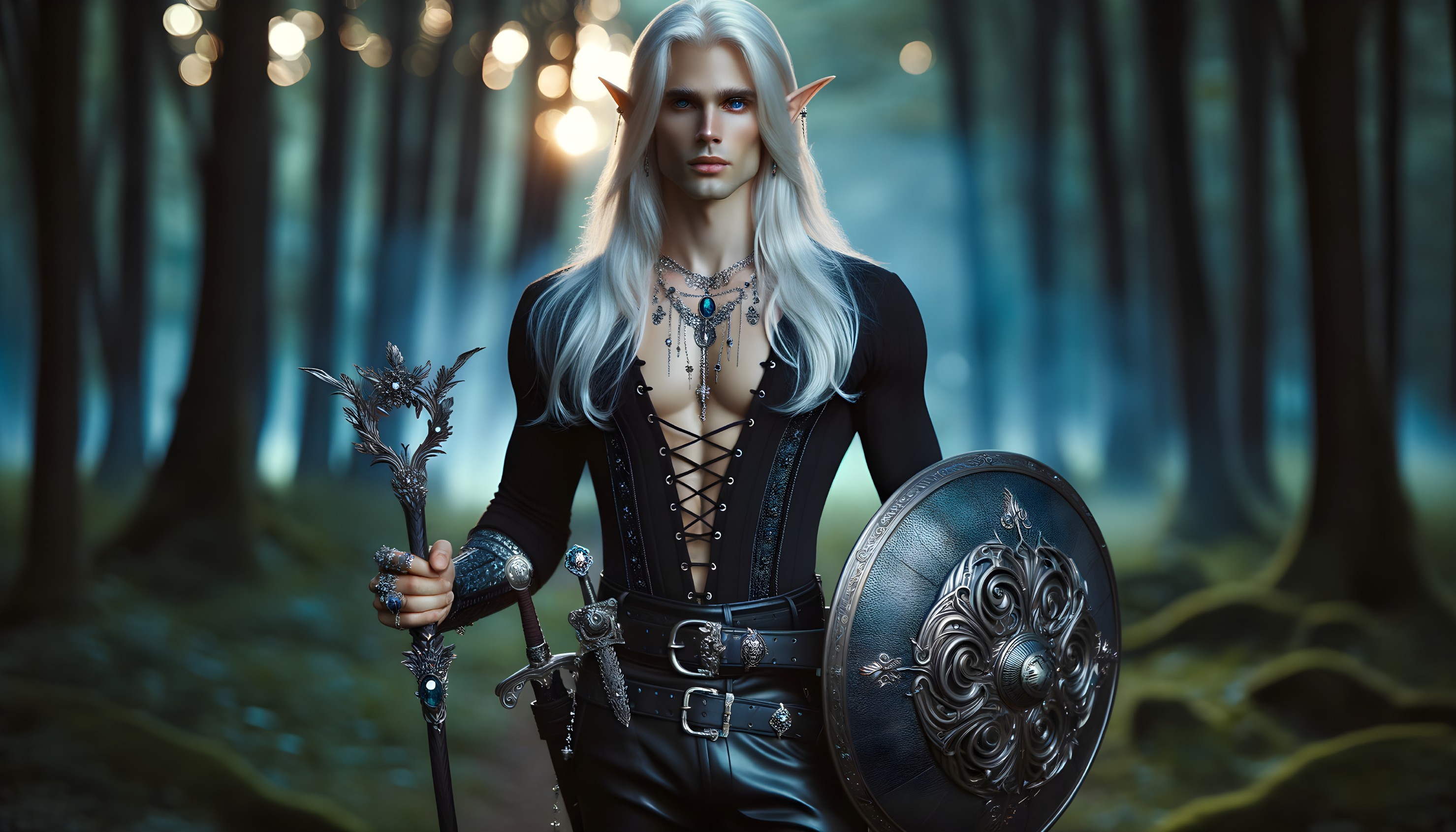 Ethereal Figure in Misty Forest with Shield and Staff