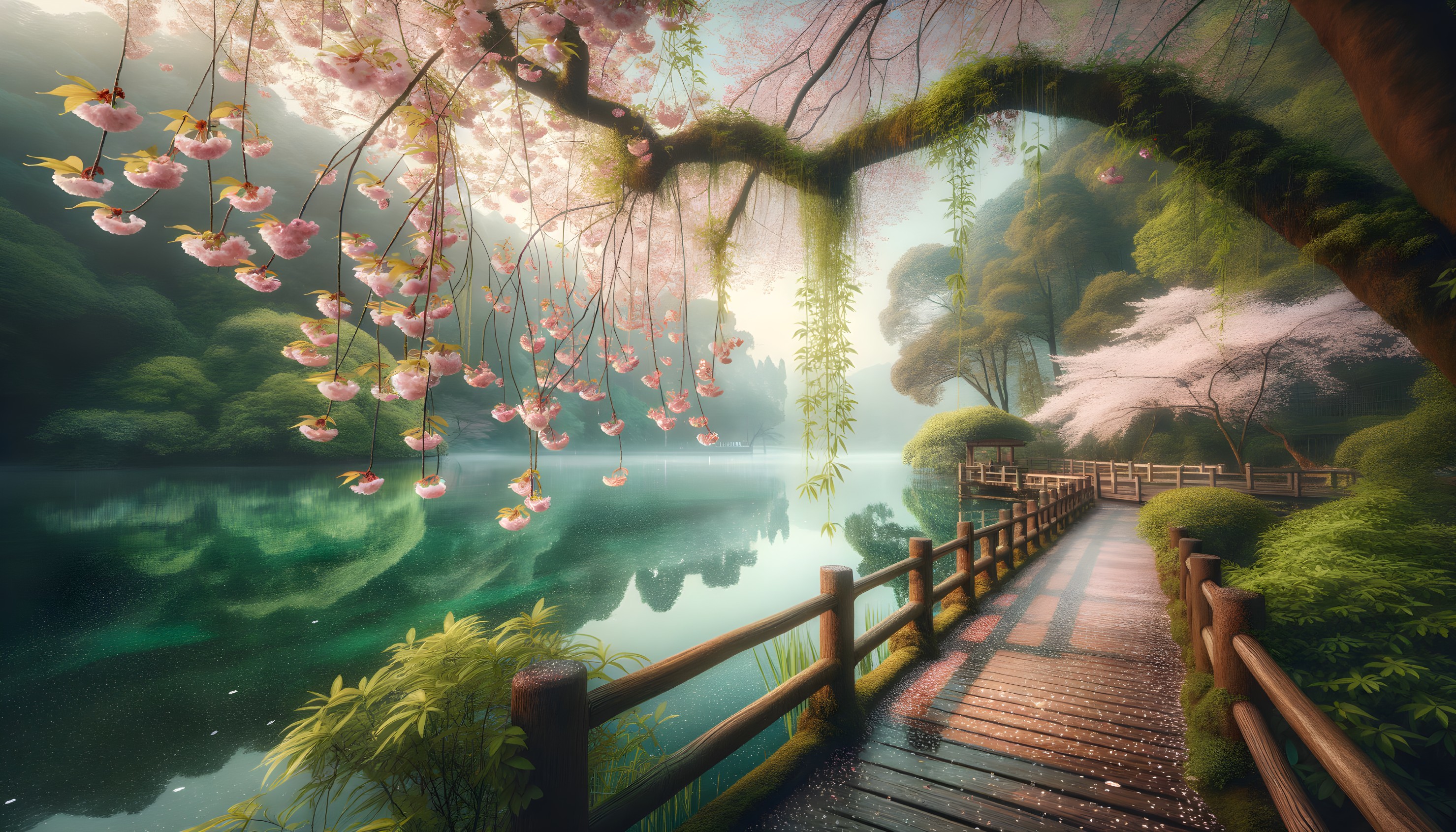 Serene Landscape with Wood Pathway and Cherry Blossoms