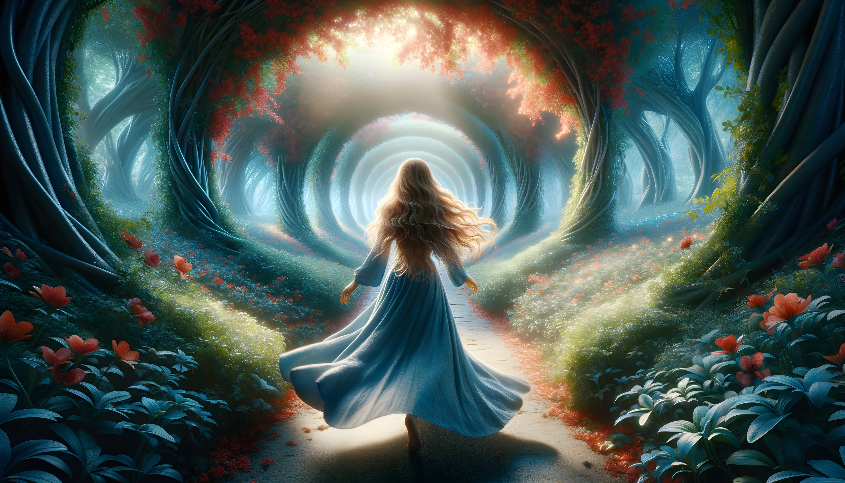 Ethereal Forest Path with Vibrant Red Leaves