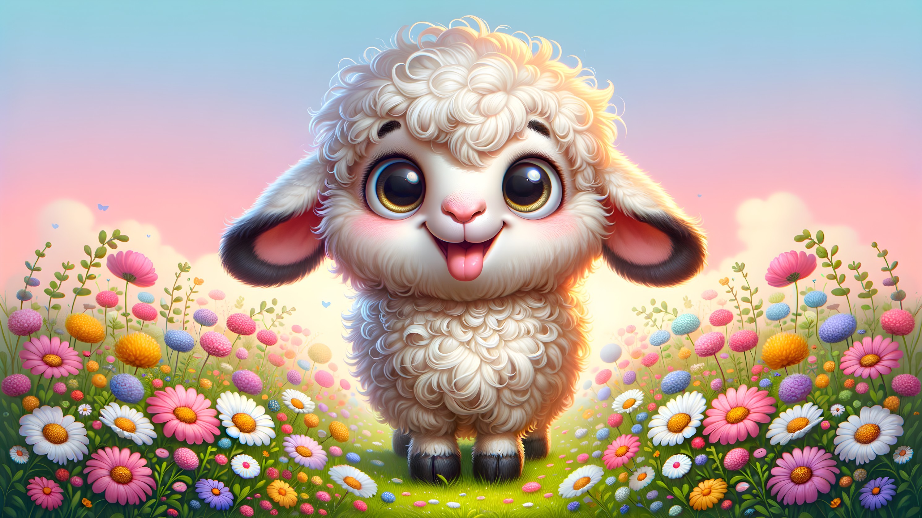 Fluffy Lamb in Colorful Meadow with Pastel Sky