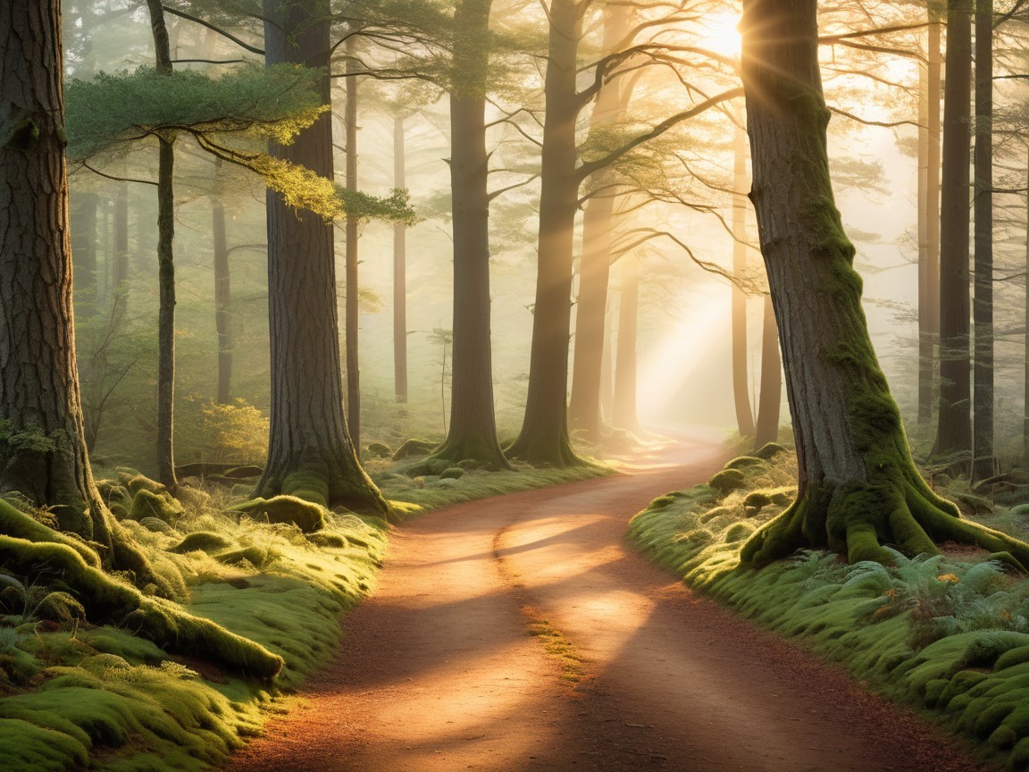 Tranquil Forest Scene with Winding Path and Sunlight
