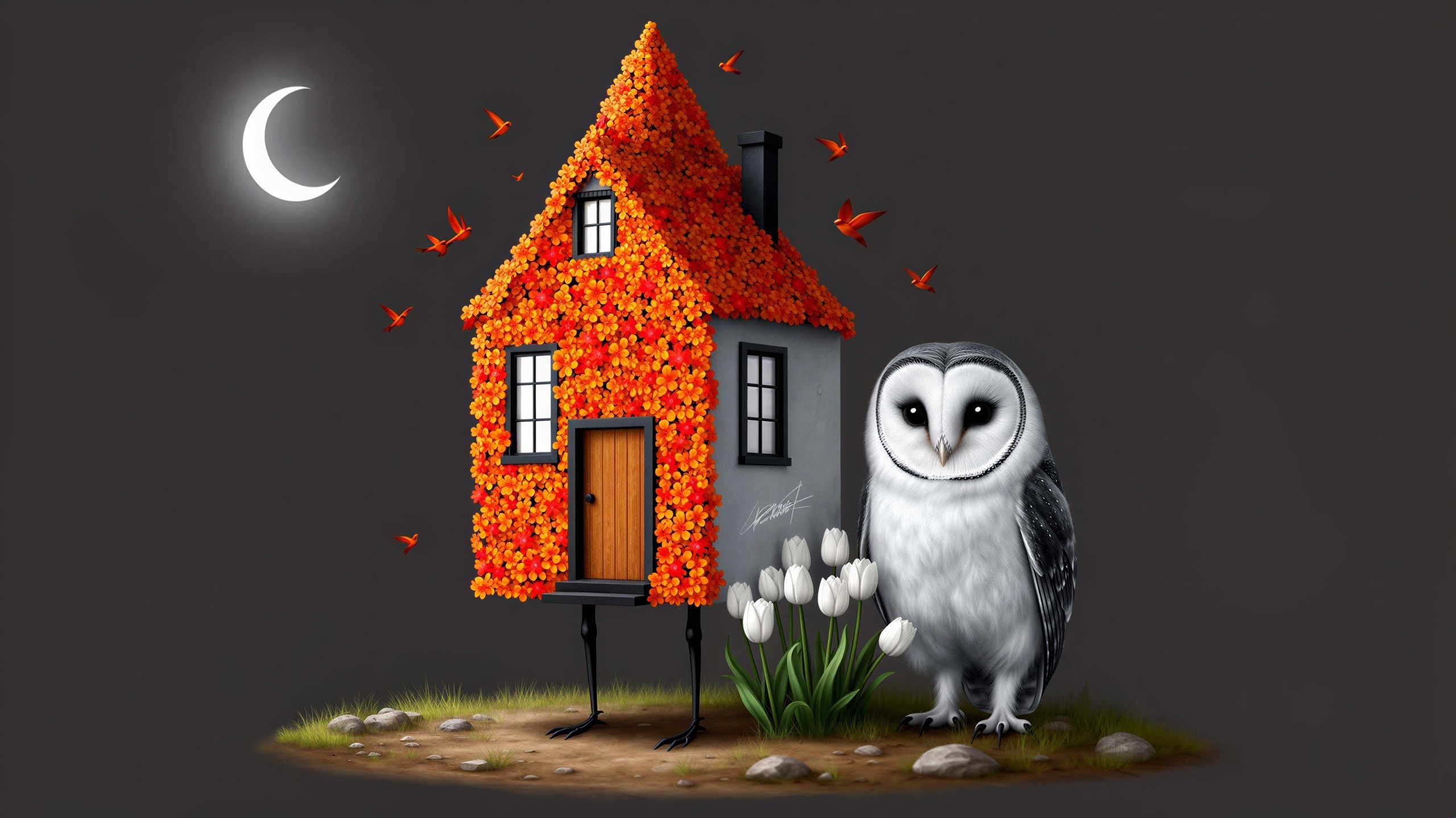 Miniature House on Bird Legs in Nighttime Scene