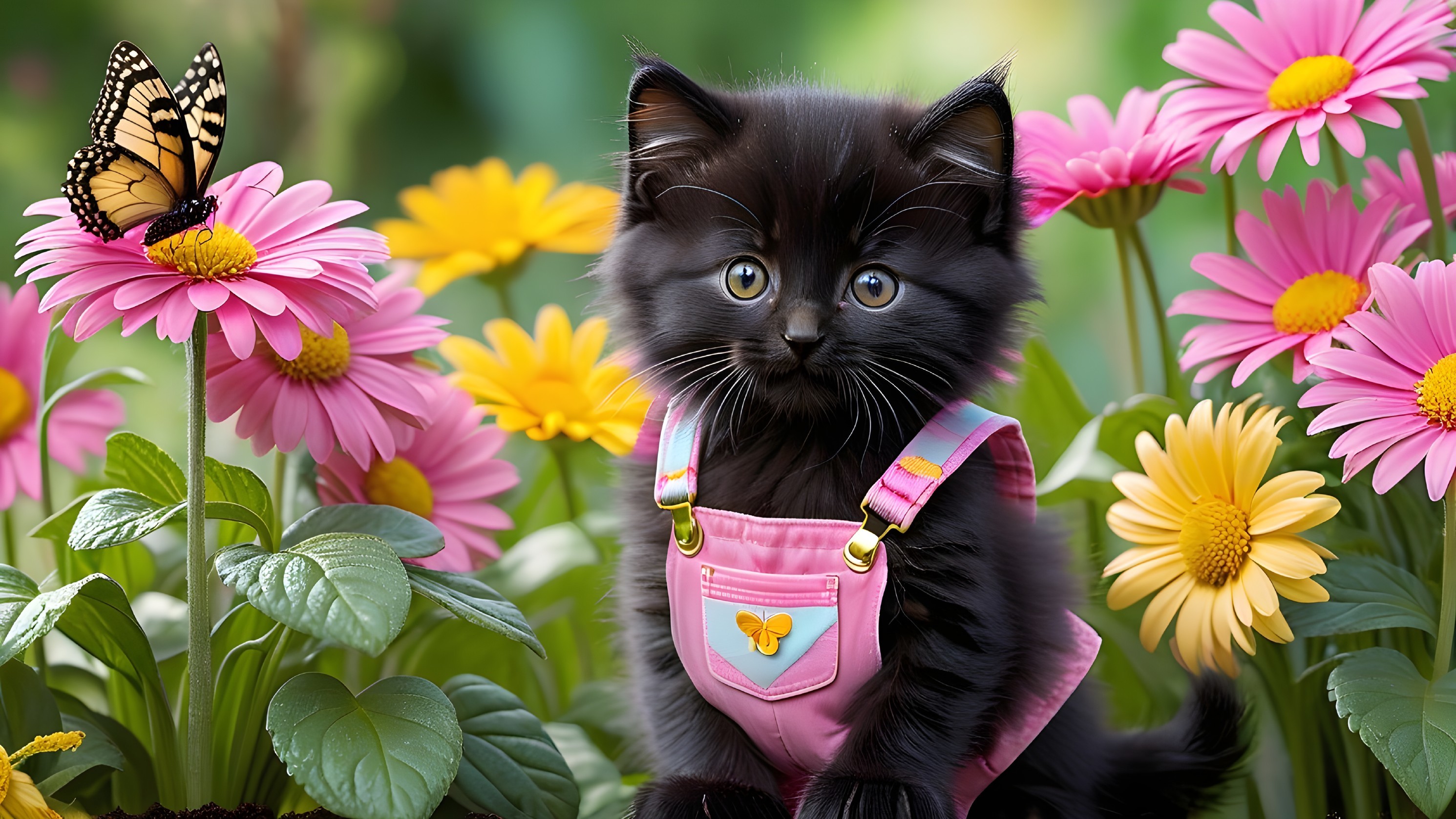 Playful Black Kitten in Pink Overalls Among Daisies