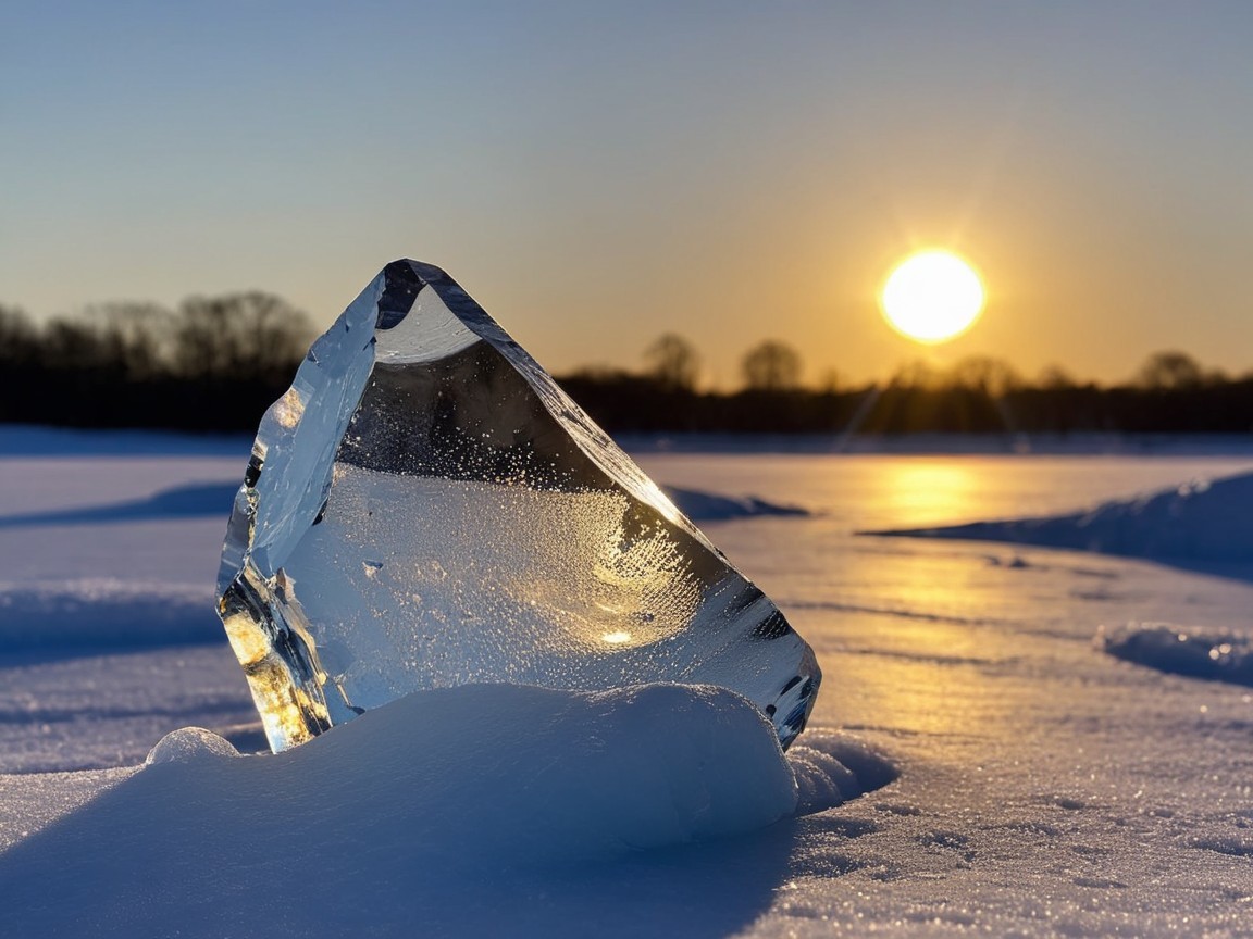 Angular Ice on Snow Under Golden Sunset Light