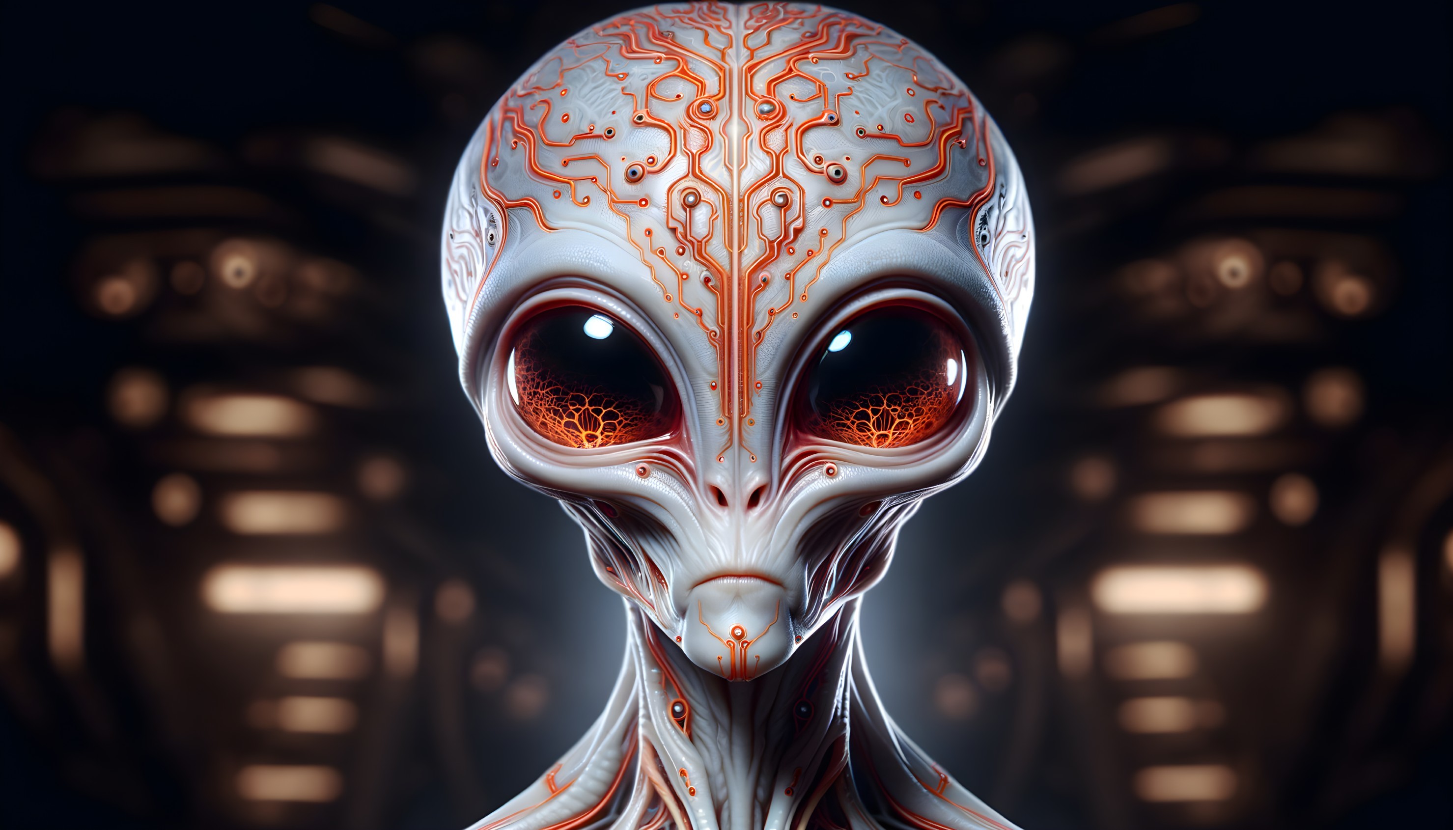 Futuristic Alien with White Skin and Black Eyes