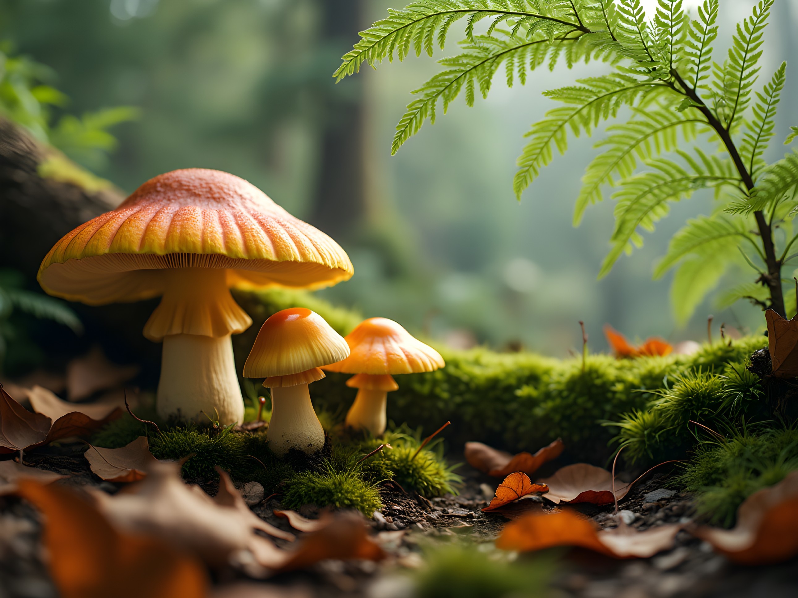 Vibrant Mushrooms and Ferns in Forest Setting