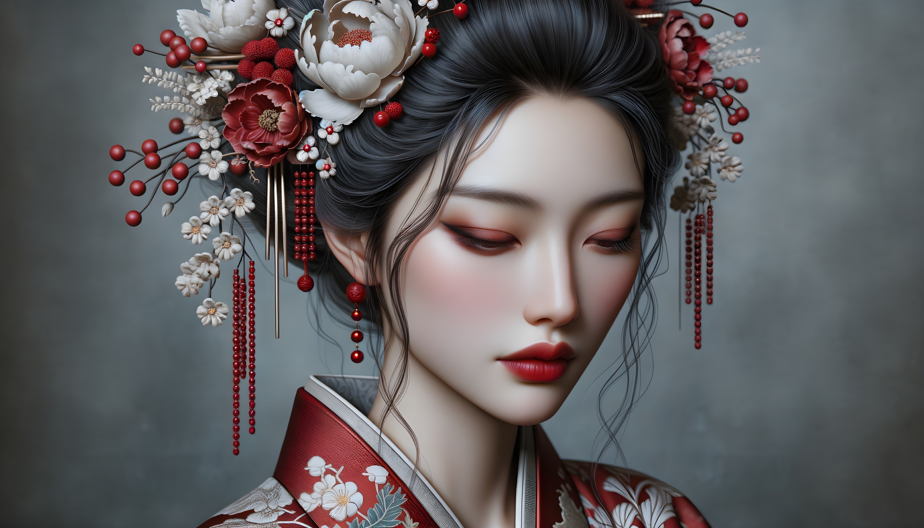 Traditional Kimono with Floral Patterns and Blossoms