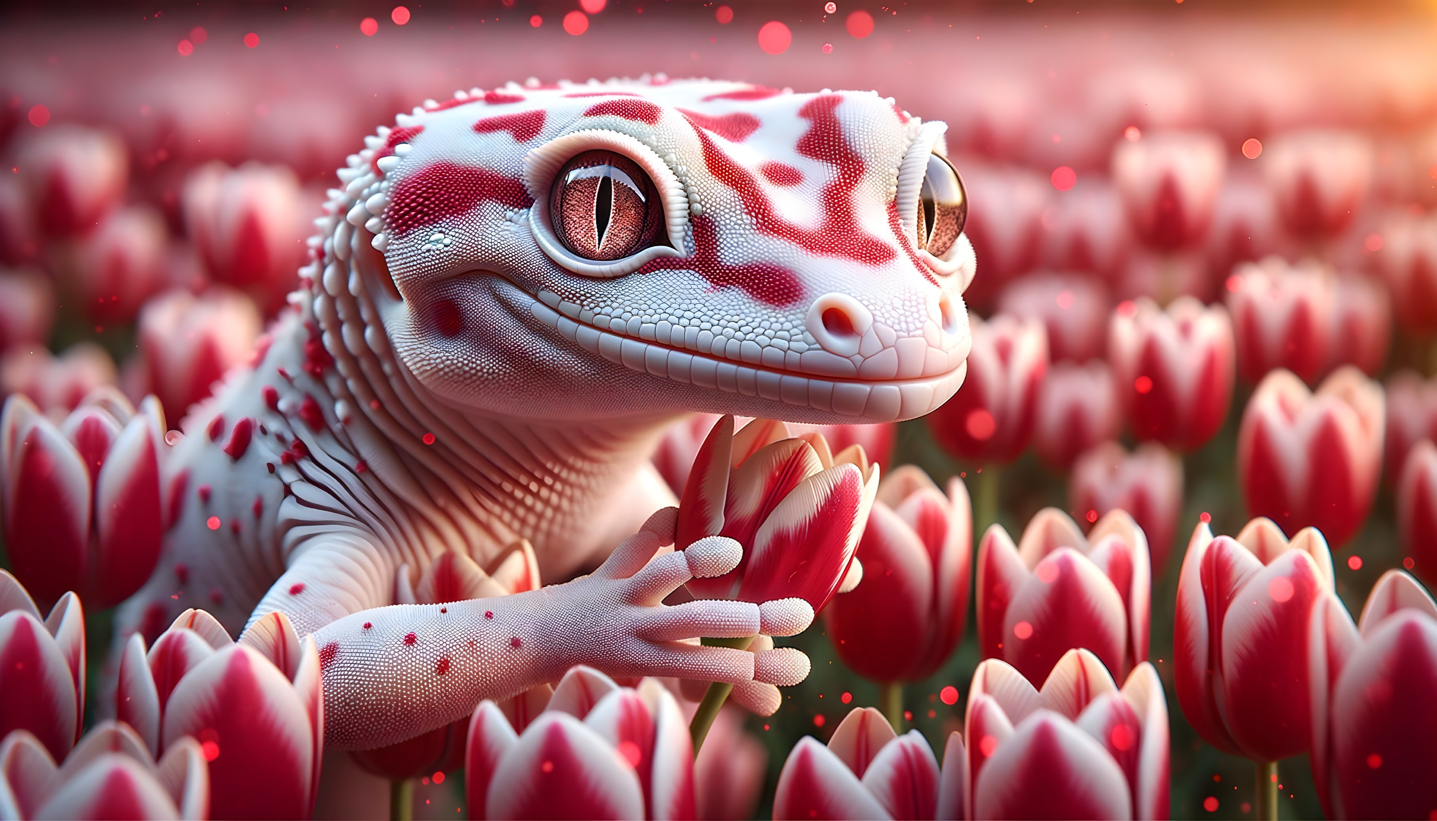 Lizard in Red and White Bloom