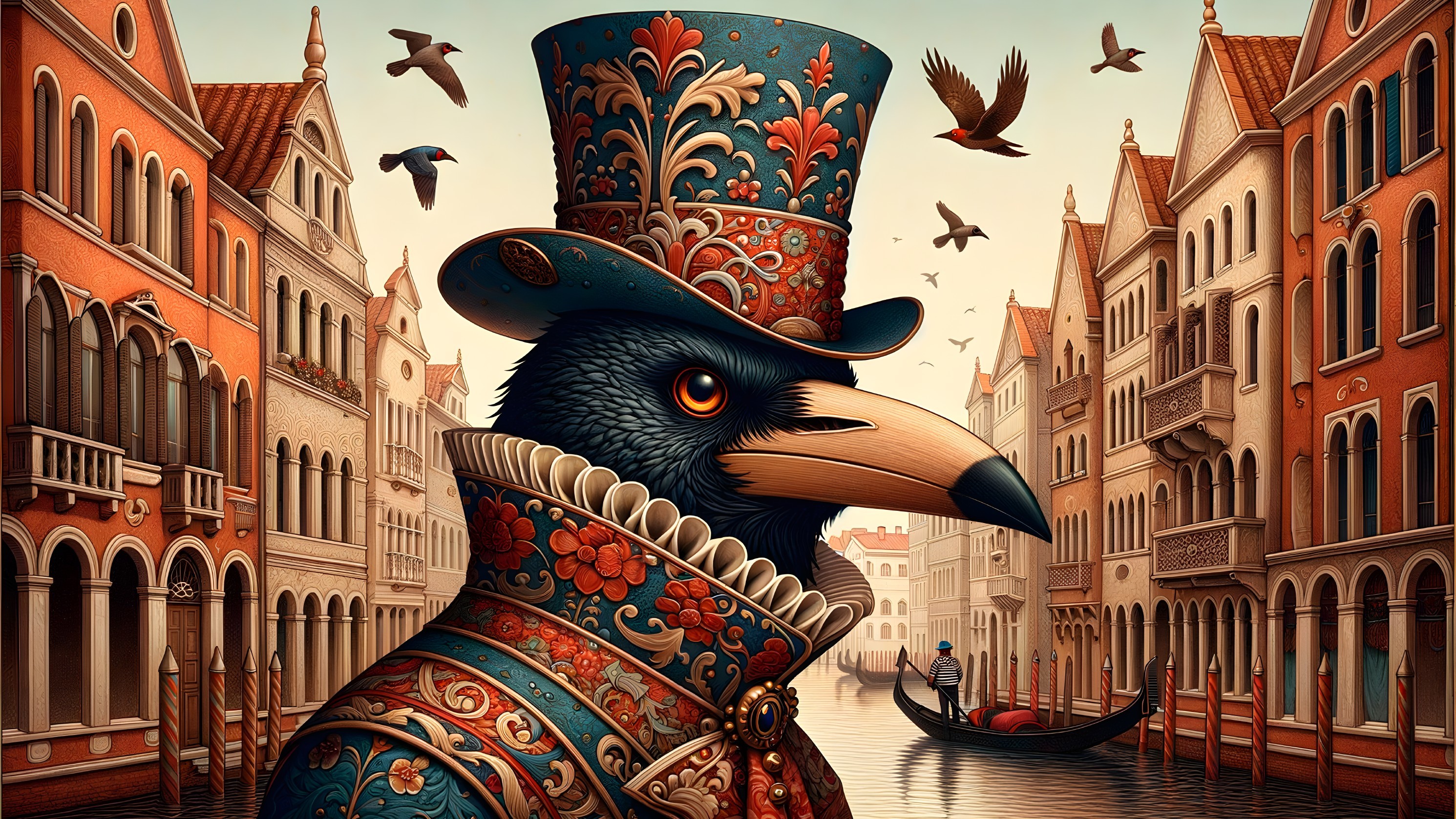Stylized Bird in Ornate Hat by Venetian Canal