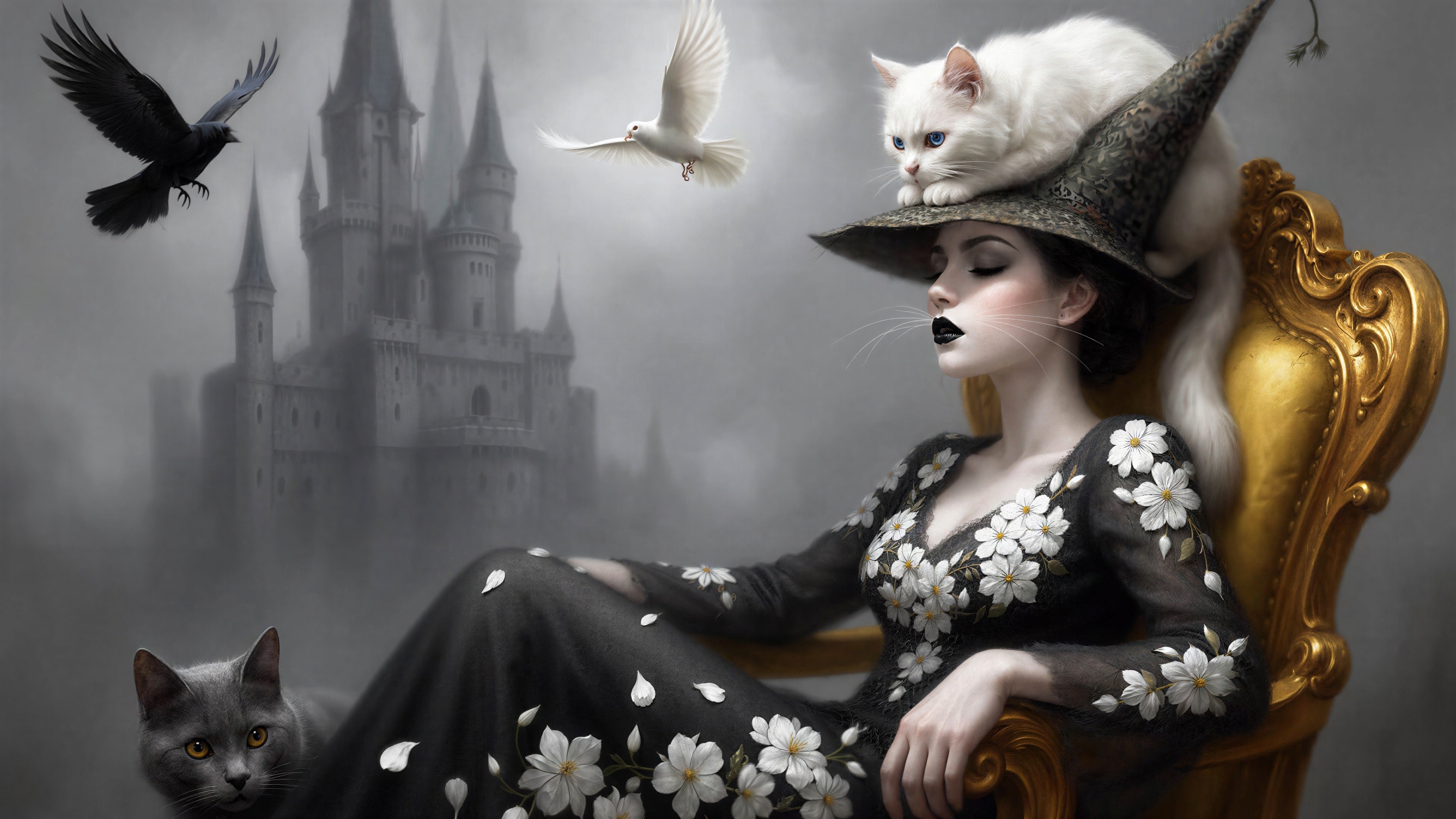 Digital painting of a woman in witch attire with cats
