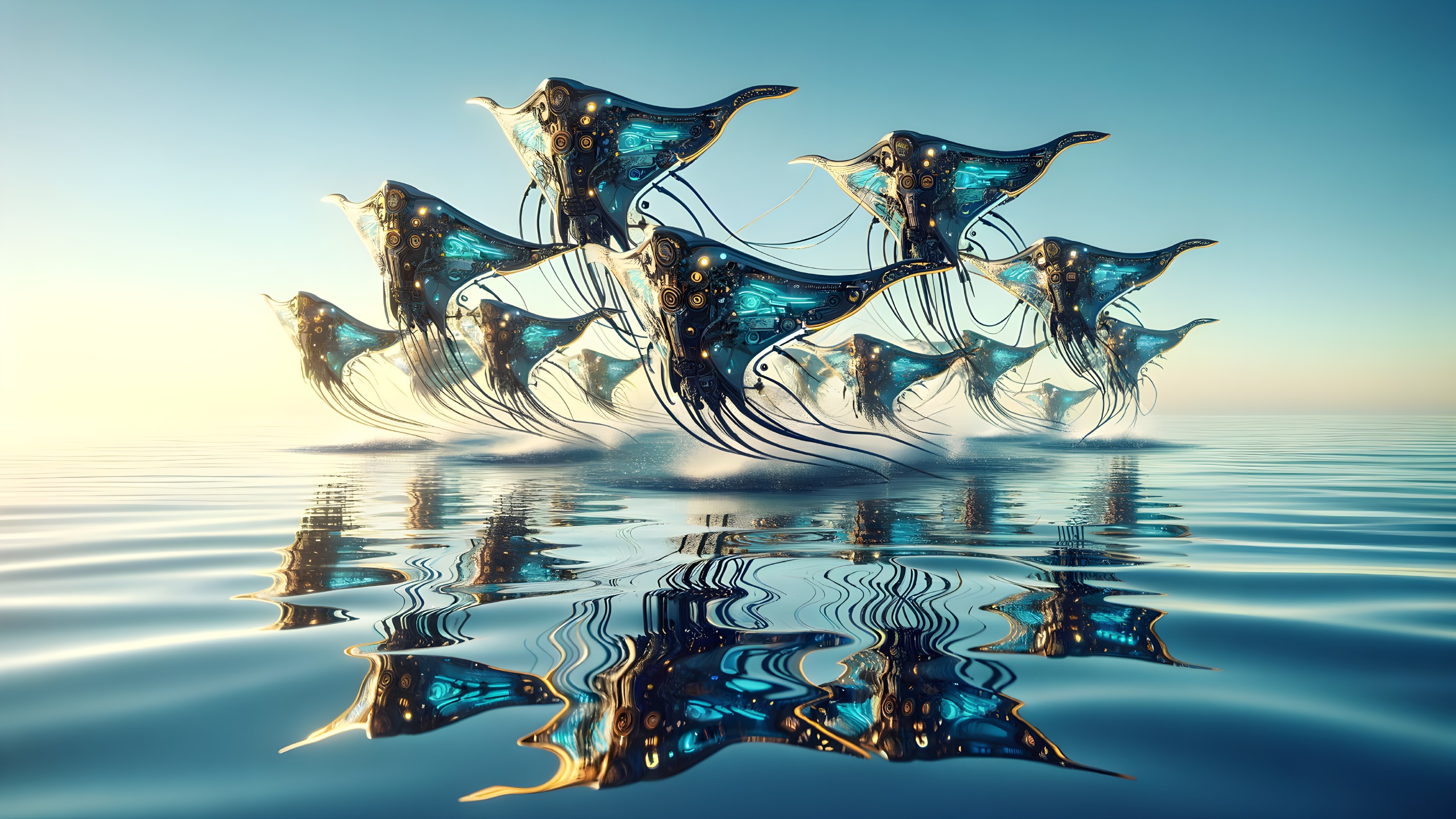 Ethereal Manta Rays Swimming Above Tranquil Sea